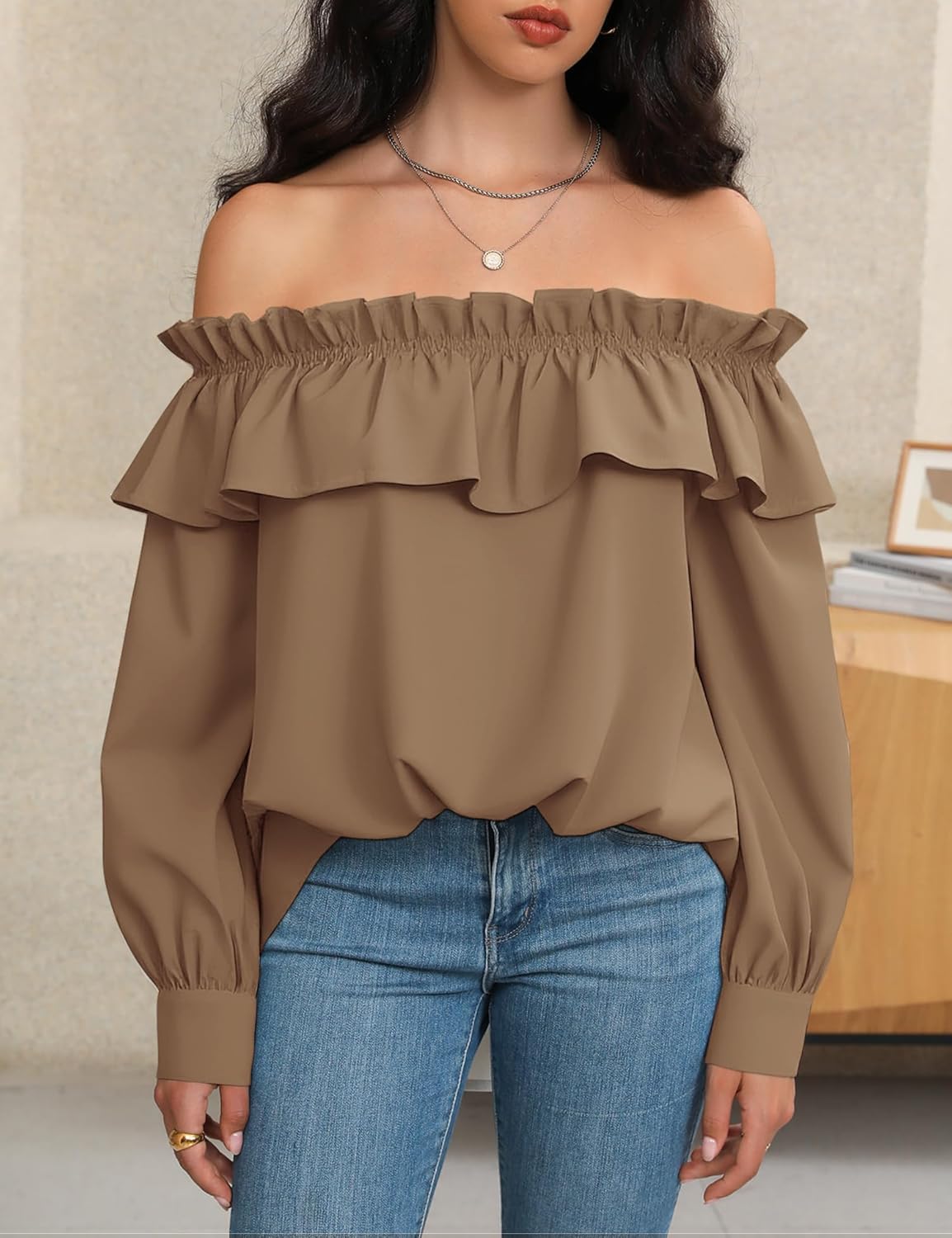 Prettywear Women's Sexy Off Shoulder Tops Long Sleeve Ruffle Blouse Flowy Going Out Shirt Oversized - Image 2