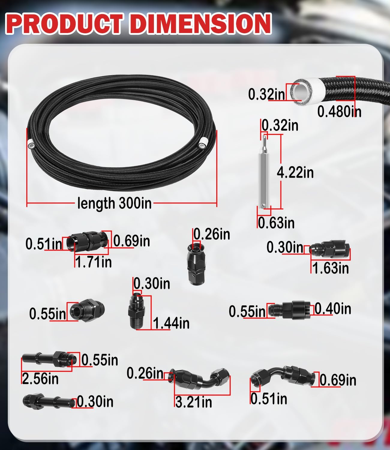 6AN PTFE LS Swap EFI Fuel Line Fitting Kit, 25FT Nylon Stainless Steel Braided Fuel Hose, 3/8" PTFE Fitting