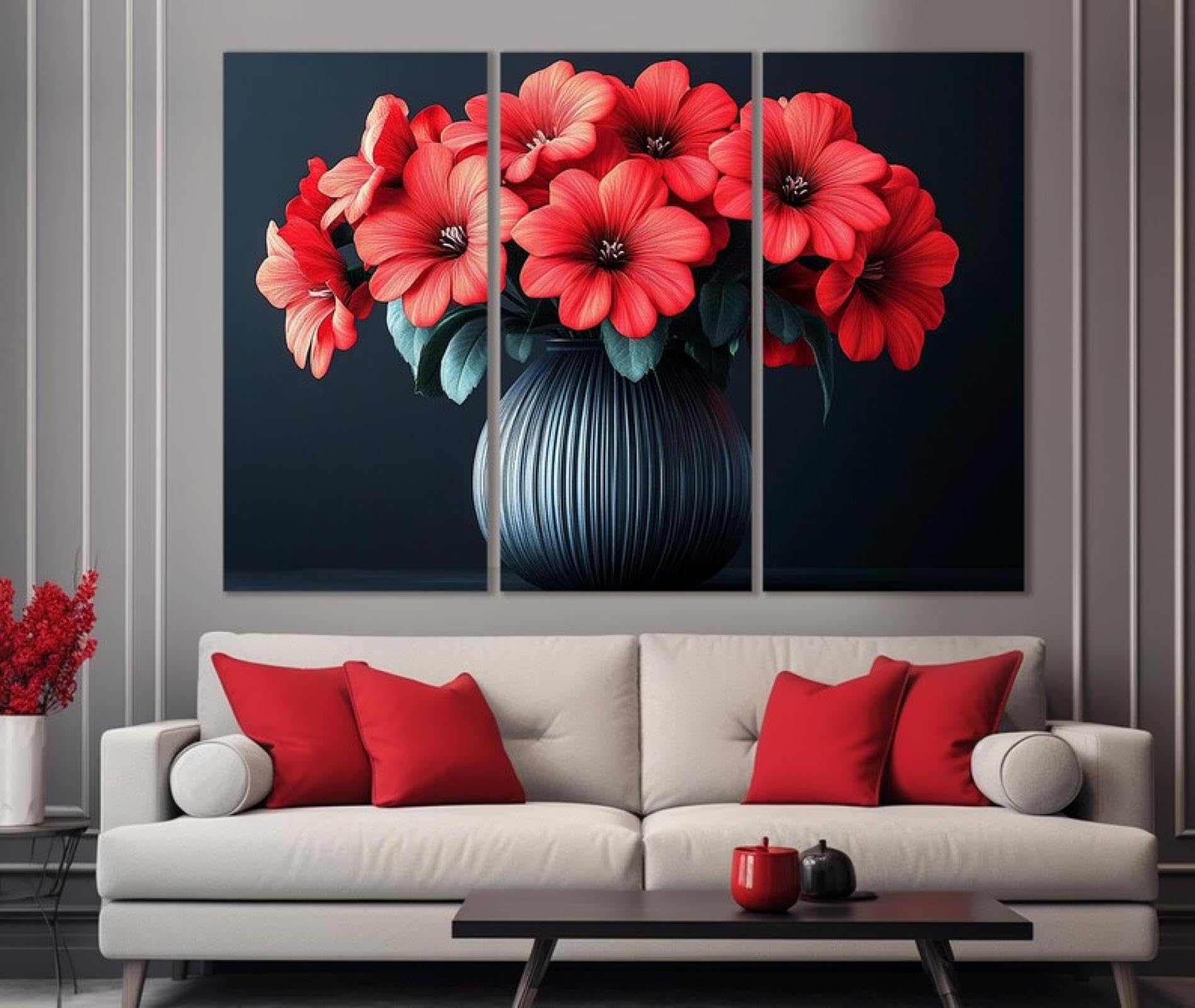 Décoration murale florale moderne avec vase et gerberas rouges, triptyque toile salon - 7