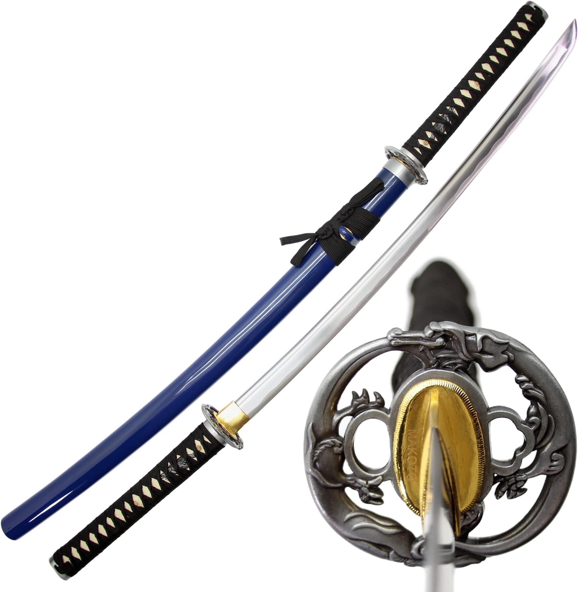 MAKOTO Handmade Navy Blue Sharp Katana Samurai Sword 40", Dragon Round Tsuba