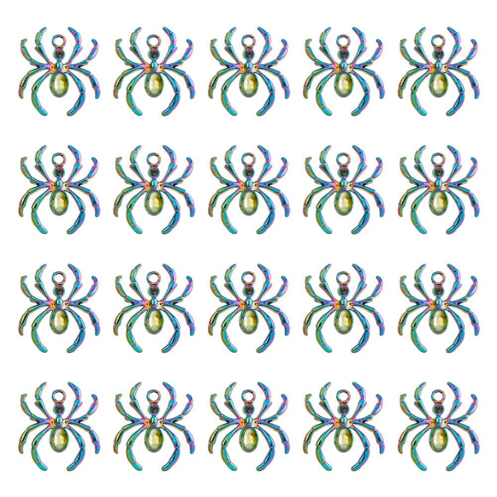 DICOSMETIC 30Pcs 3D Spider Charms Rainbow Color Arachnid Pendants Blank Spider Rhinestone Pendants Fit for 2mm Rhinetone Alloy Halloween Spider Charms for DIY Jewelry Making, Hole: 3mm