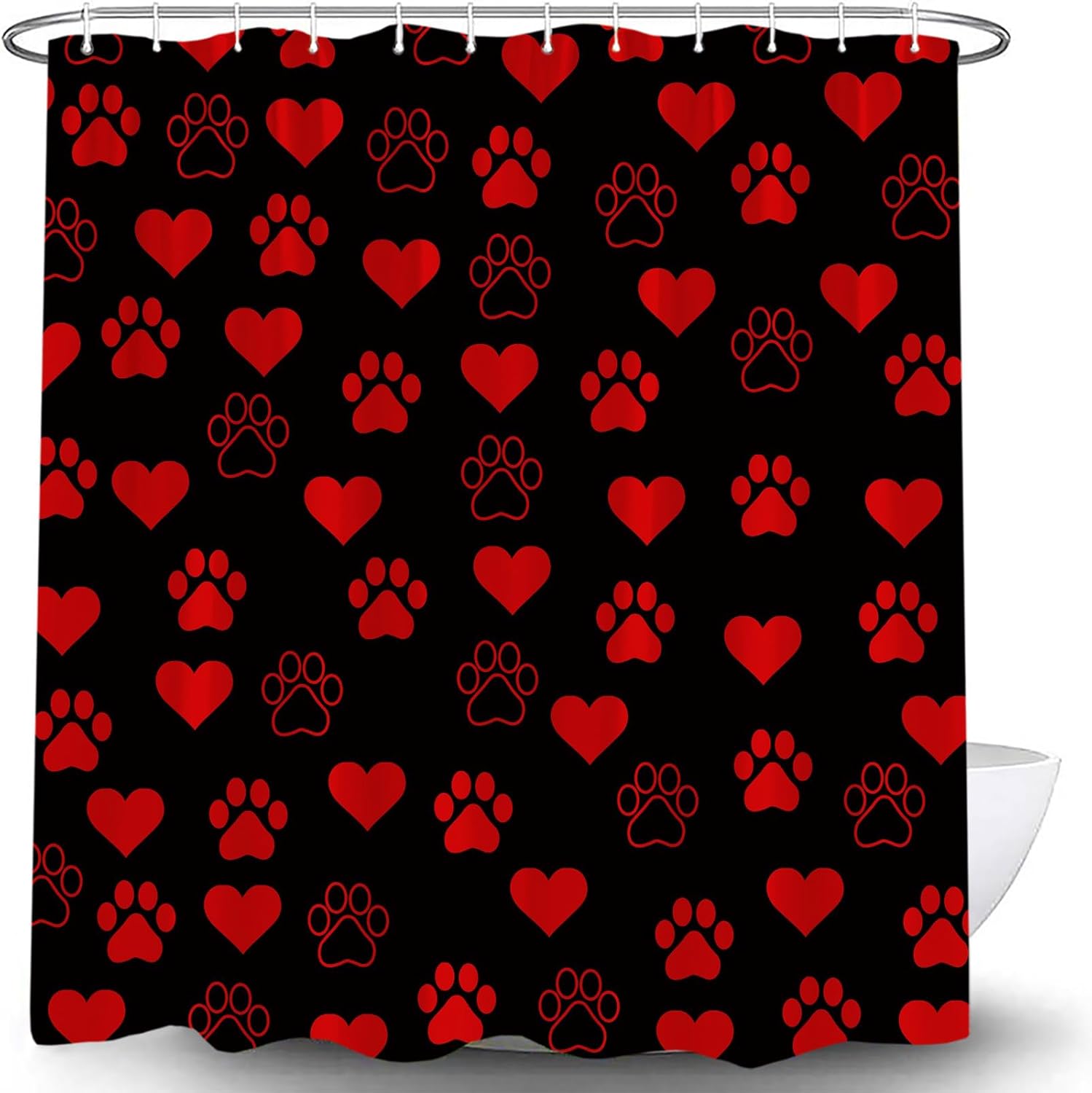 Valentine's Paw Print Heart Shower Curtain Black Red Dog Animal Paw Print Love Funny Cute Romantic Modern Bathroom Curtain with Hooks,70x84Inch