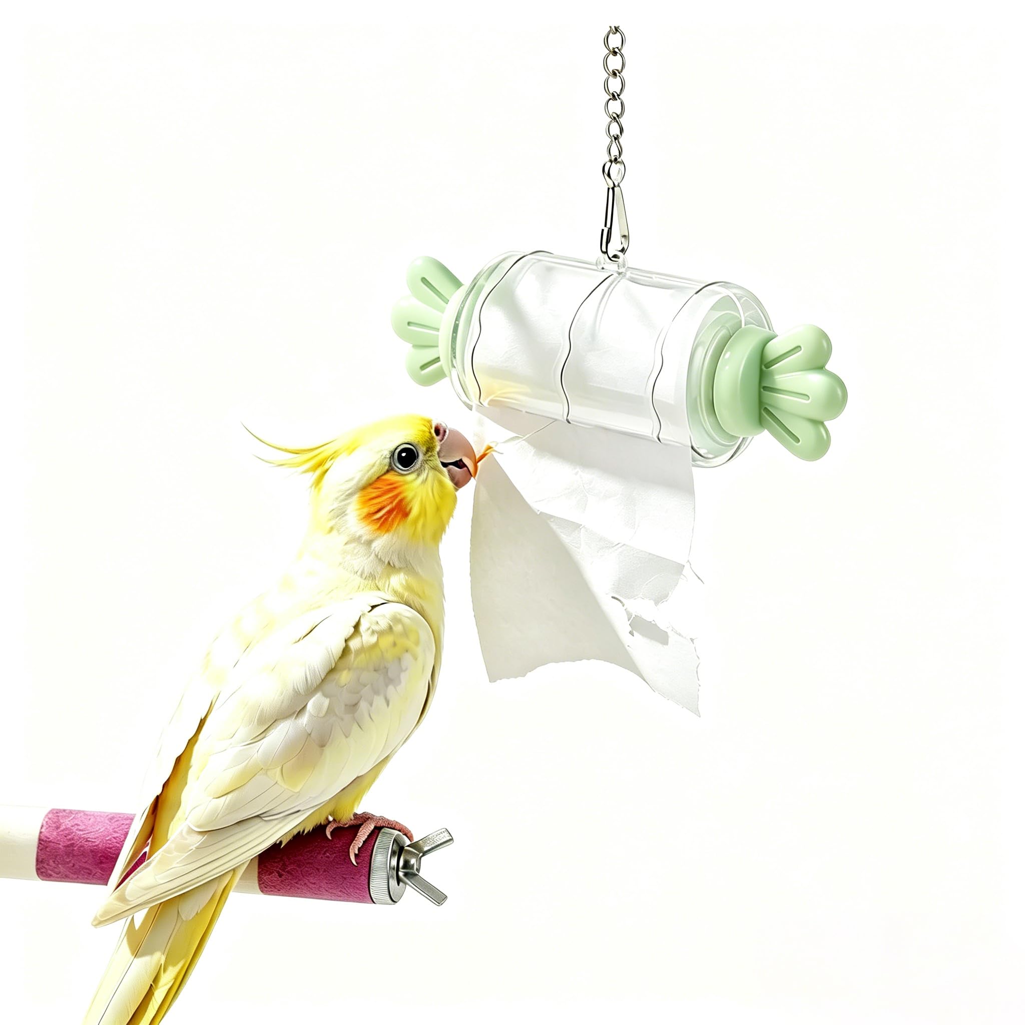 Bird Shredding Toys, Parrot Rolling Paper Play Toy with Hanging Chain, Candy Shape Foraging Roll Paper Holder, Interactive Chewing Accessory for Parakeet Cockatiel Conure, Gift for Bird Lovers (Green)