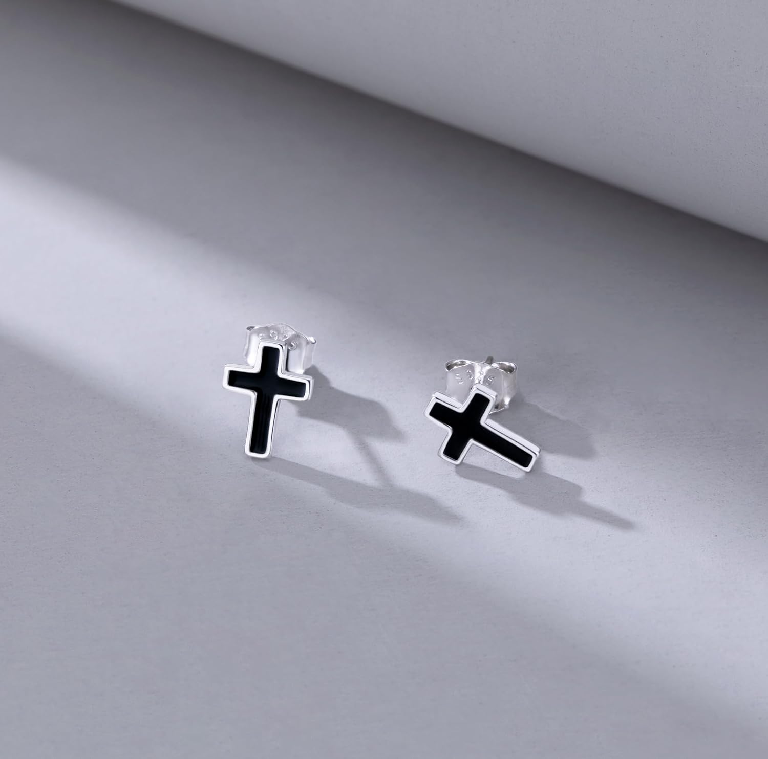 Reffeer Solid 925 Sterling Silver Cross Stud Earrings for Women Teen Small Black Cross Earrings Studs
