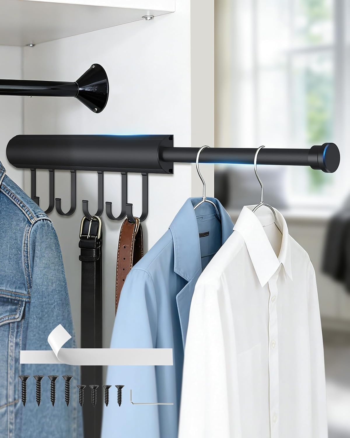 12 inch Valet Rod for Closets Pull Out, Closet Rods Extenders for Hanging Clothes Telescoping Adjustable With 6 Hooks (Black, 12 Inch-1 Pack)
