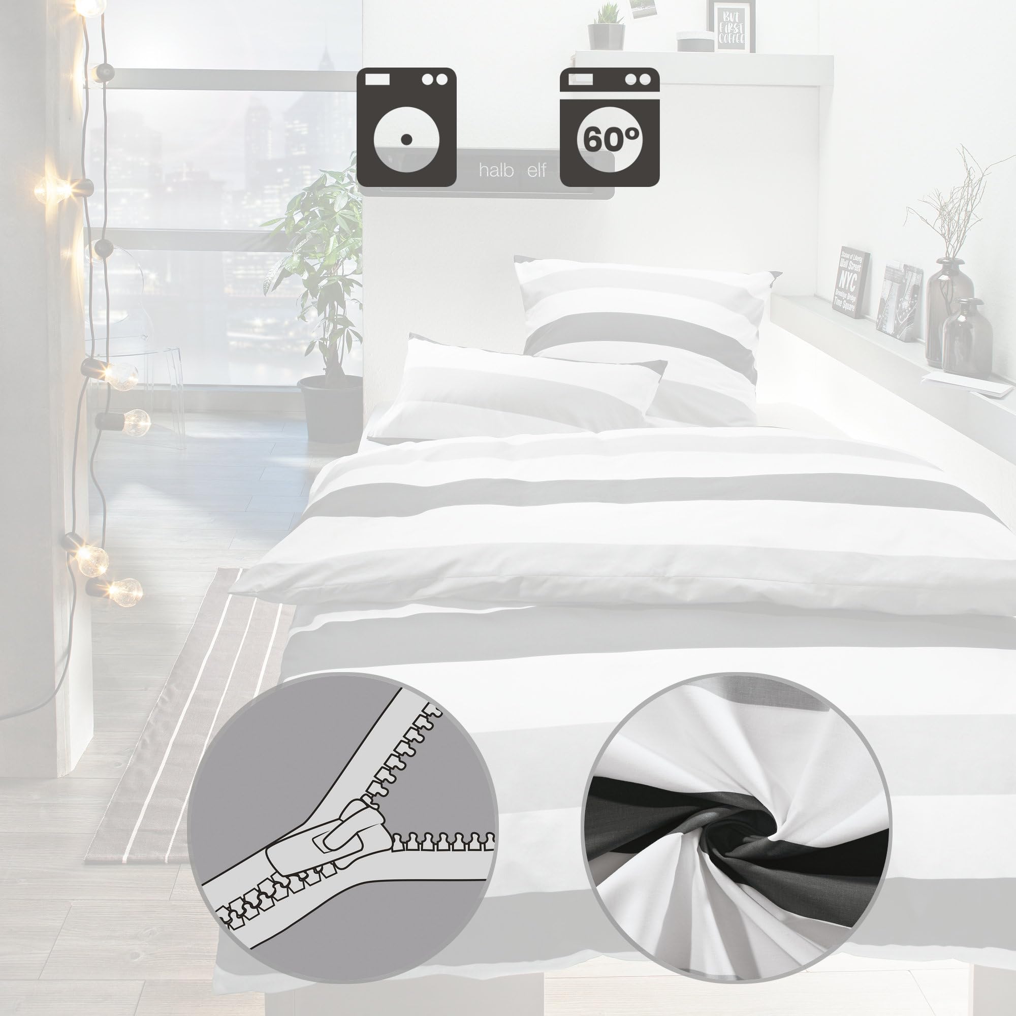 REDBEST Bettwäsche-Set Streifen Sparpaket 4-TLG. Renforcé grau-Silber-weiß Größe 80x80 cm / 135x200 cm - strapazierstark, anschmiegsam, mit Reißverschluss