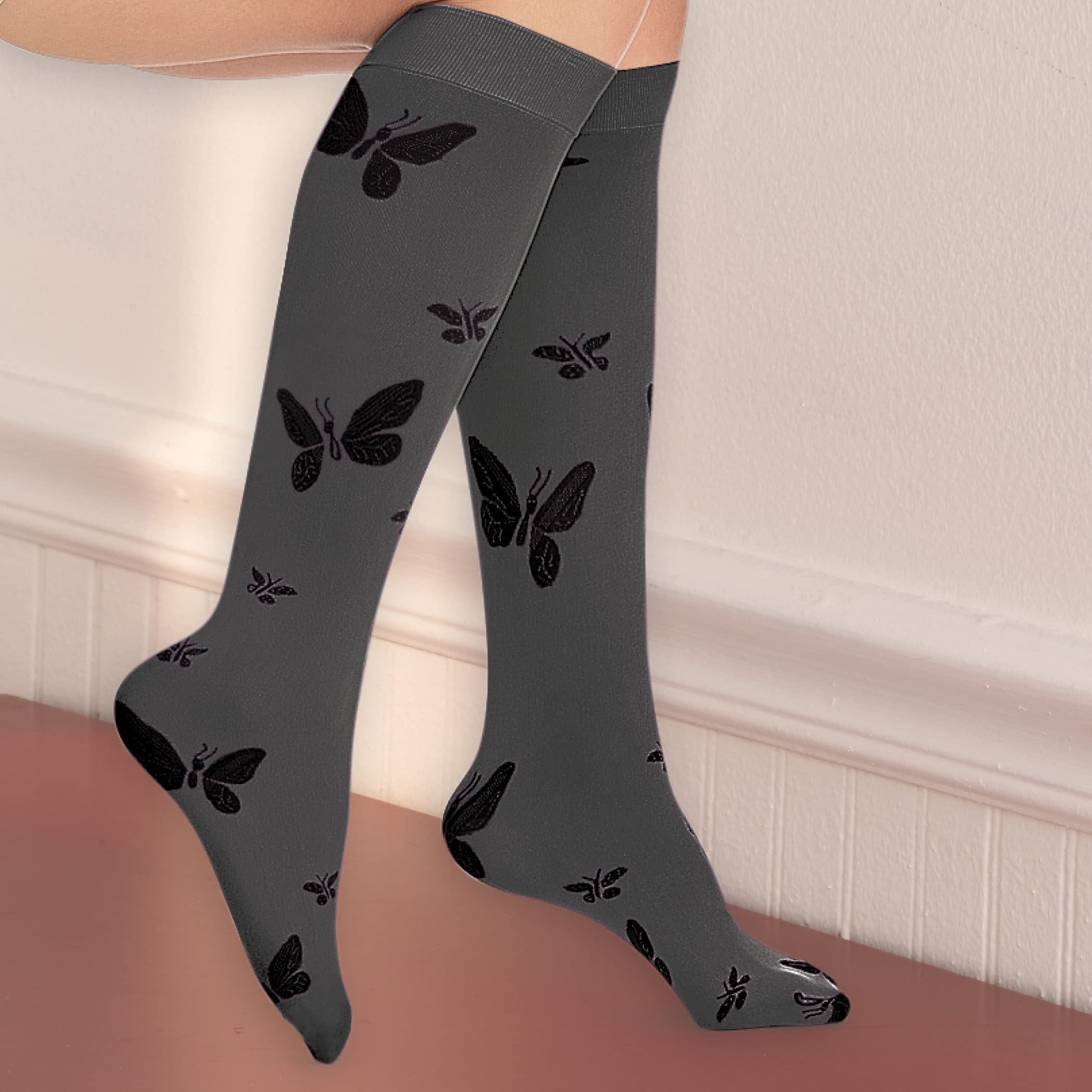 Collections Etc Butterfly Compression Knee High Socks for Women - Promotes Better Circulation, Eases Leg Strain, Swelling, Black, Fits Women's Shoe Sizes 9-11 - Made in The USA