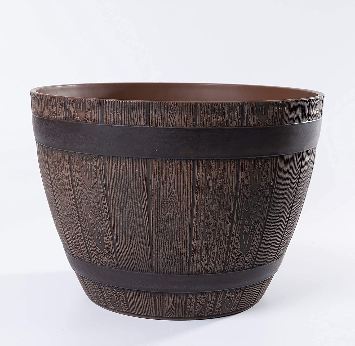 Jinfa 1 Macetero Grandes Exterior de plástico Efecto Madera | Color Castaño | Diseño Media Barrica | Ø 38 cm