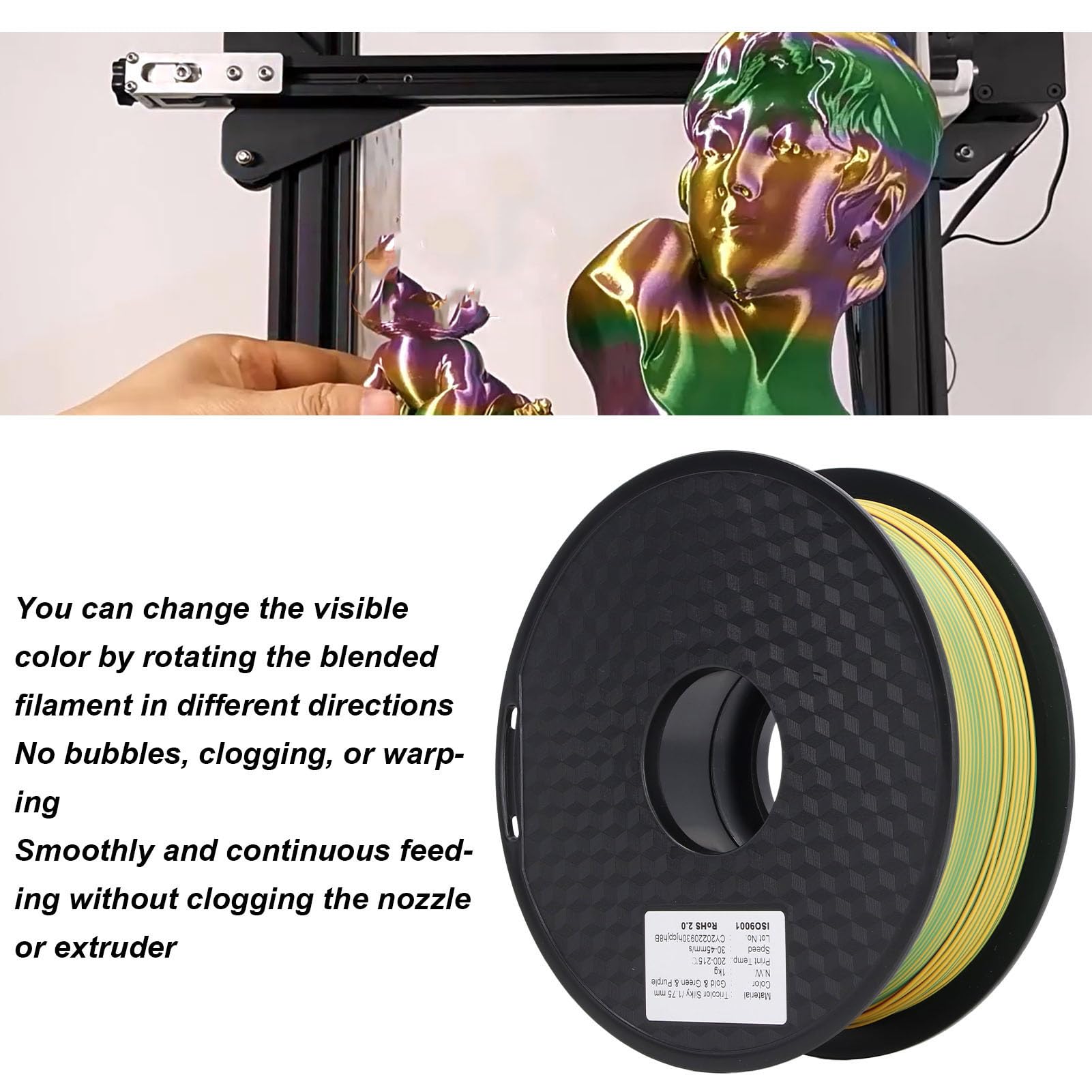 Filament PLA 3 kolory Złoty Zielony Fioletowy 1,75 mm Filament jedwabny Materiały eksploatacyjne do drukarek 3D Potrójny kolor Gładki druk Silna wytrzymałość dla entuzjastów druku