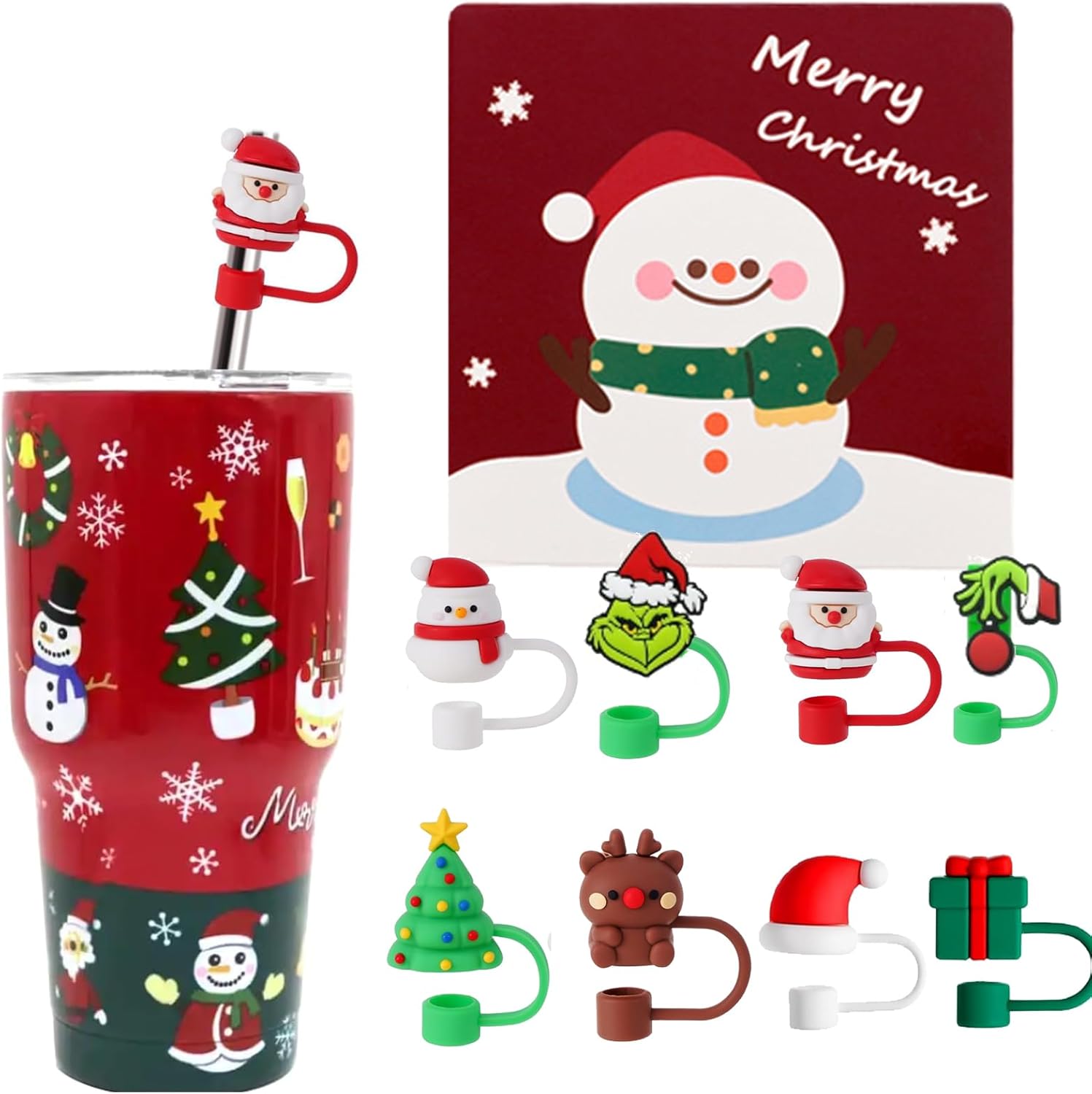 Christmas Halloween Straw Covers Cap Compatible with Stanley Cup 30 40 oz, Silicone Reusable Drinking Straw Topper, Funny Tumbler Accessories 2024 Halloween Christmas Gifts (Christmas-8pcs)