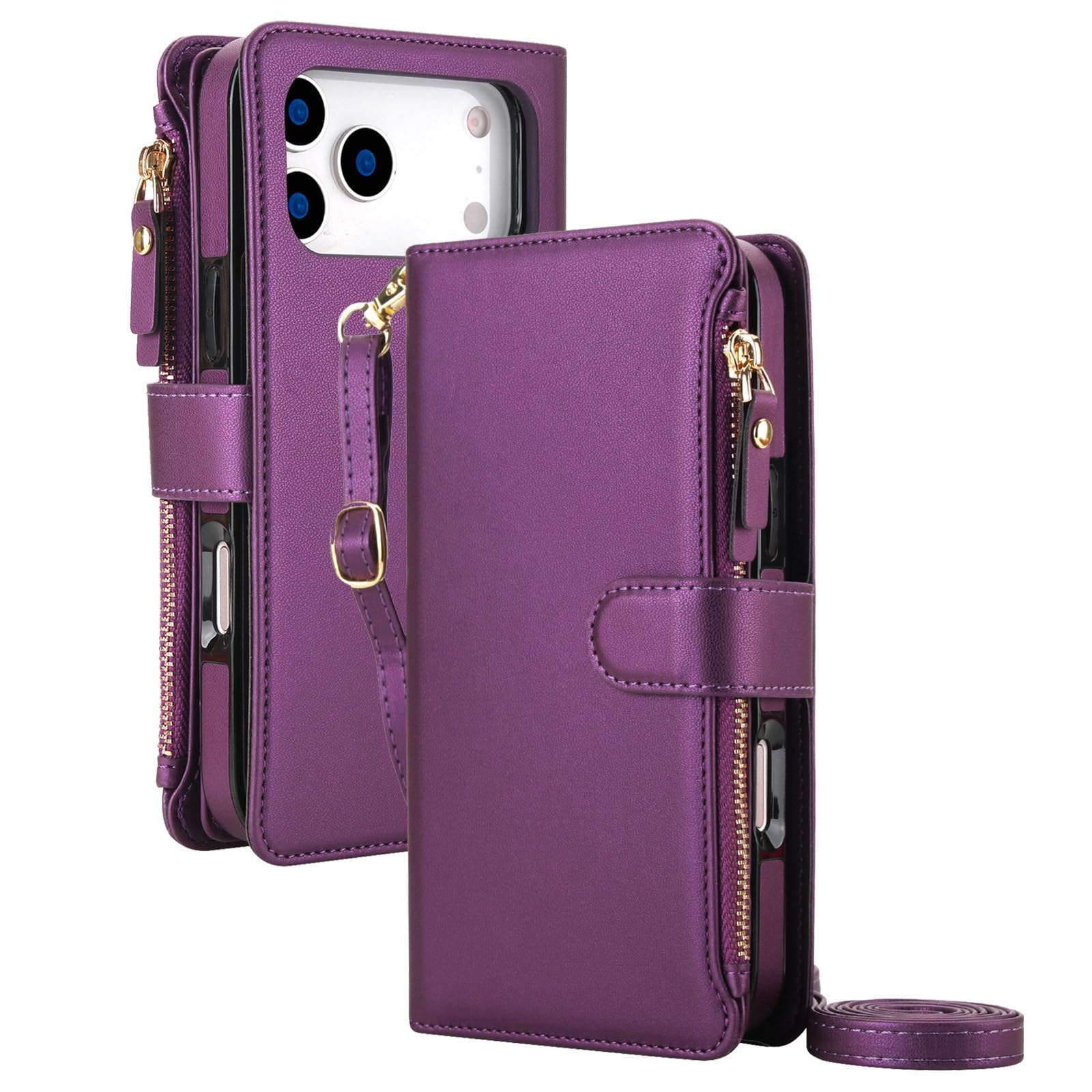 Mfaoshi Purple Magnetic Case For Iphone 17 Pro Max/17 Pro/17 Air/17, Detachable High-Capacity Zipper Wallet Cover With Kickstand Function Leather Case,,17 Promax