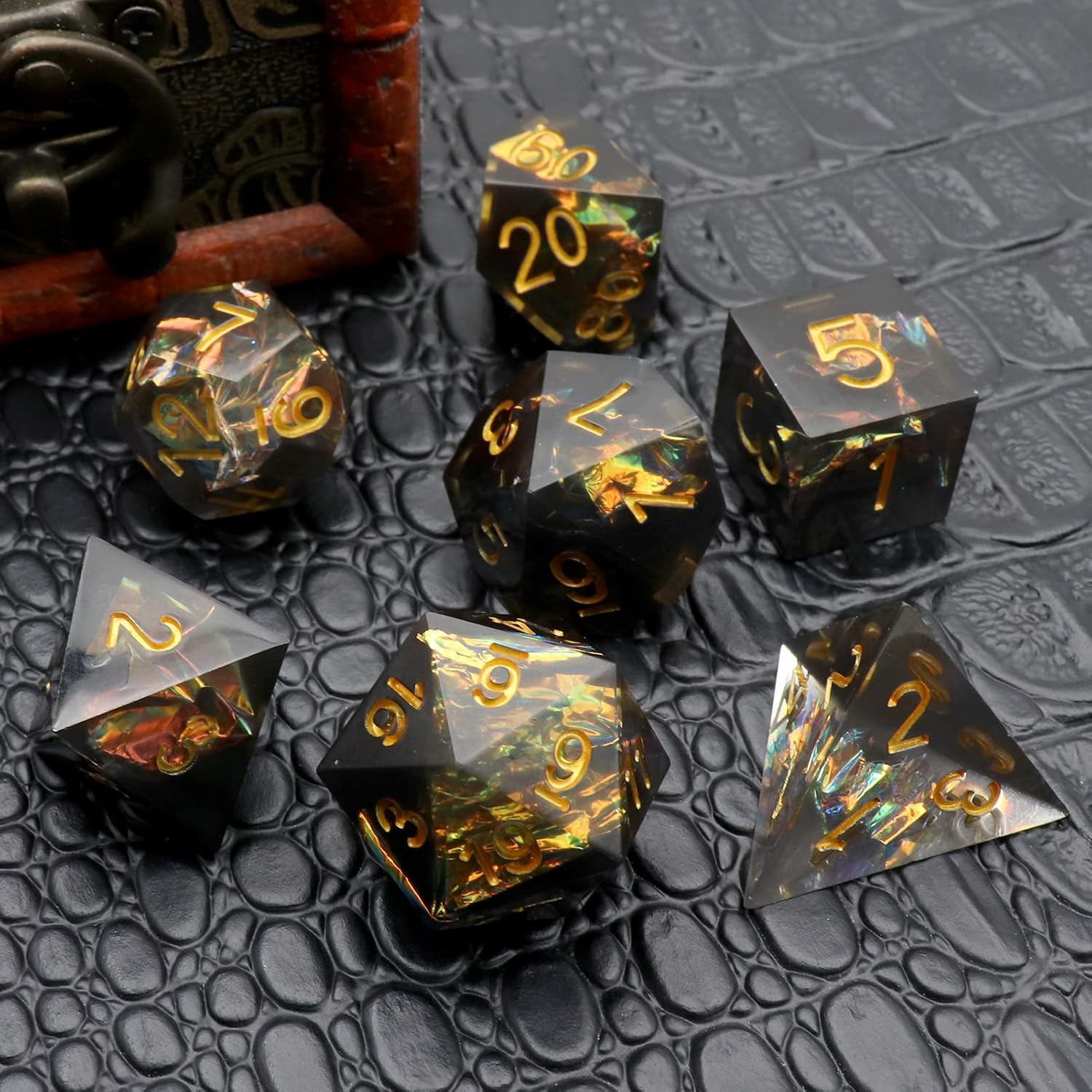 PJOY DND Sharp Edged Dice Set,7pcs Black Resin DND Dice Set Iridecent Mylar Galaxy D&D Polyhedral Dice with Dice Case for Role Playing Dice Games Compatible with Dungeons and Dragons (Dark World)