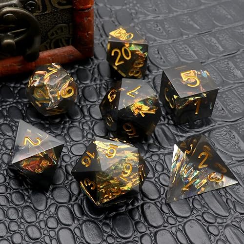 Miniatura 4 de PJOY DND - Juego de dados poliédricos con bordes afilados, 7 piezas de dados DND de resina negra iridecente Mylar Galaxy D&D con estuche de dados