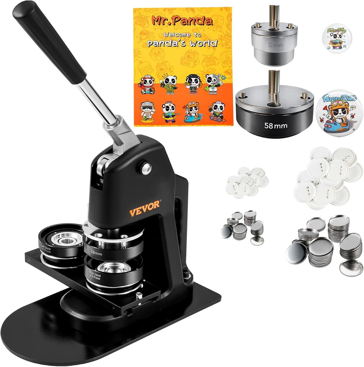 VEVOR Button Maker Machine, Multiple Sizes 1.25+2.25 Inch Badge Punch Press Kit, Children DIY Gifts Pin Maker, Button Making Supplies with 500pcs Button Parts & Circle Cutter & Magic Book