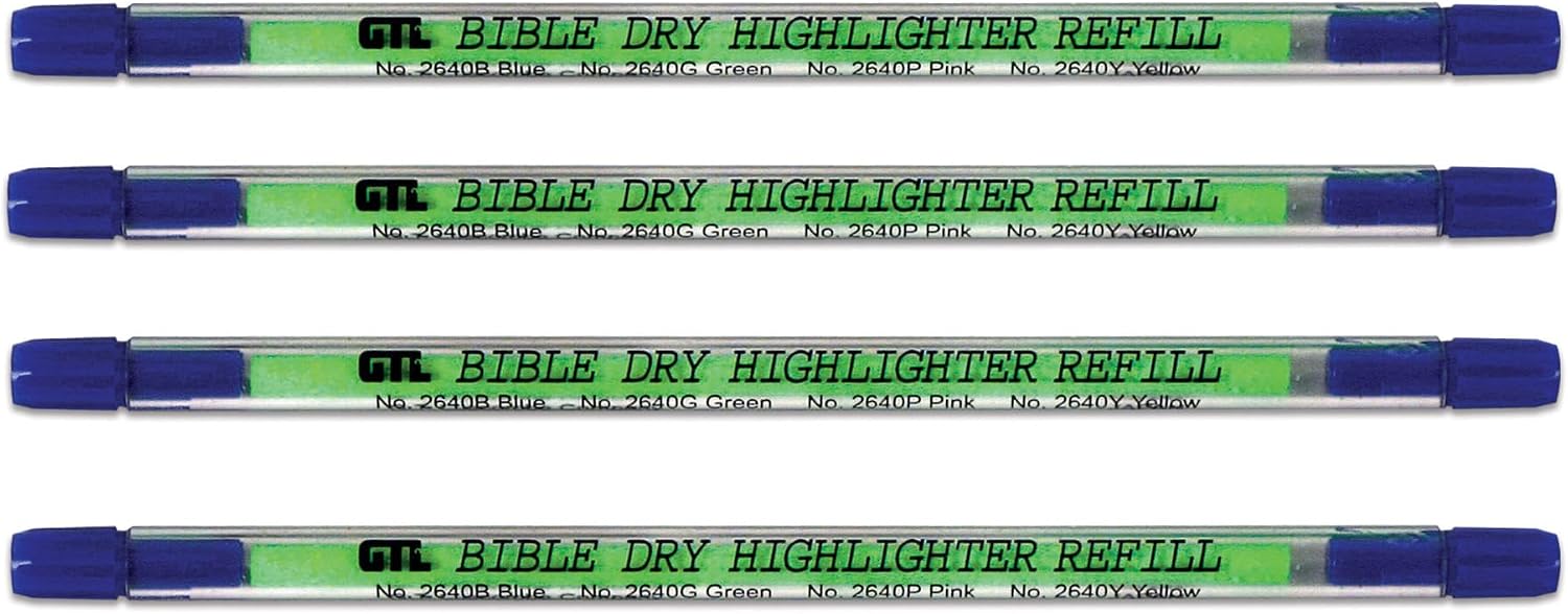 G.T. Luscombe Bible Dry Refill, Colorful Highlighter, No Bleed Through, Study, Journaling, Planner, Organizer, Supplies and Accessory, Pack of 4, Green
