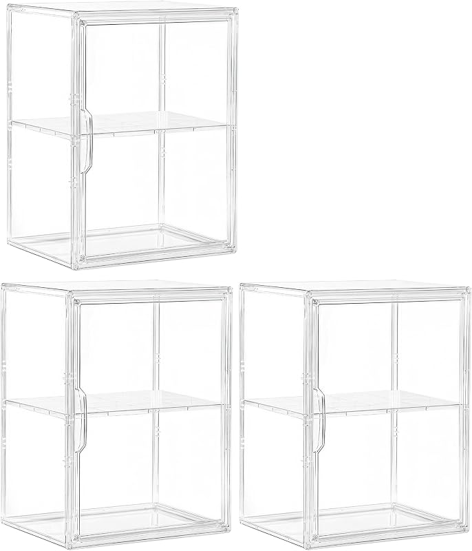 Large Clear Acrylic Figure Display Case for Collectibles 3 Pack | Adjustable Divider, Magnetic Door, Crystal Clear View, Easy to Clean, Dustproof, Easy Assemble, for Tall Skincare Bottles
