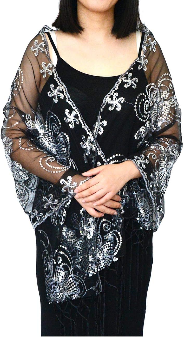 L'VOW Women's Glittering 1920s Scarf Mesh Sequin Wedding Cape Fringed Evening Shawl Wrap - Image 6