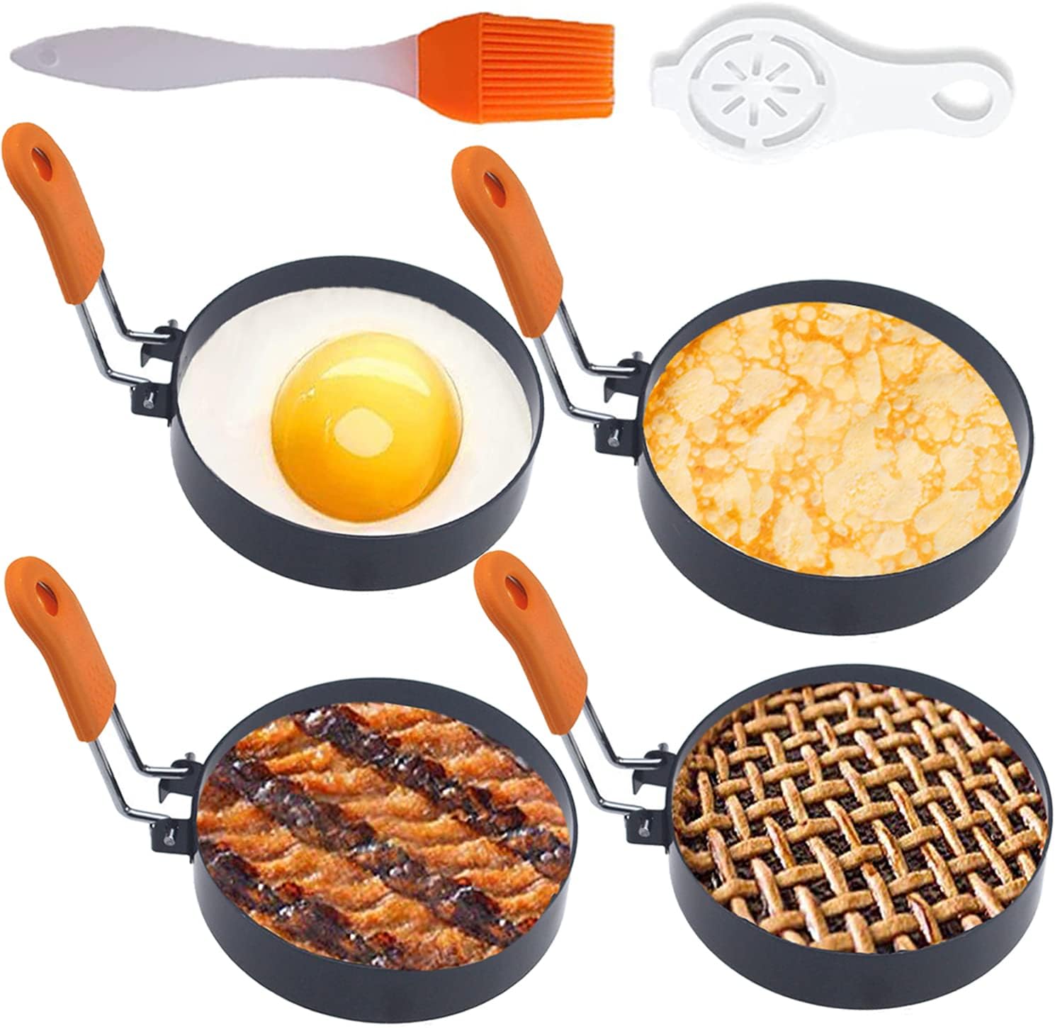 Upgrade 4" Large Egg Rings Set for Griddle,4 Packs Non-stick Stainless Steel Round Egg Ring for Frying Egg Pancake Mold Ring Omelette Ring Shapper for Muffin with 1X Oil Brush & 1X Egg Separator