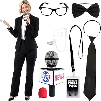 6 Pcs Journalist News Reporter Costume Accessories Plastic Fake Microphone Prop Press Costume Glasses for Kids Adult Halloween Dress Up Career Day Party