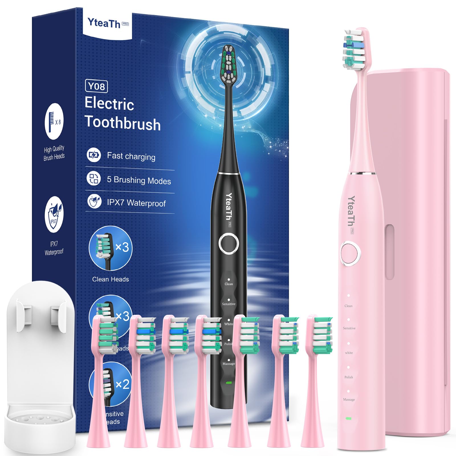 Sonic Electric Toothbrush for Adults and Kids - Sonic Toothbrush with 8 Toothbrush Heads and 5 Modes, 120 Days Battery Life, 50000 VPM, Travel Case and Wall Holder, 2 Minute Timer, USB C (Pink)-image-11