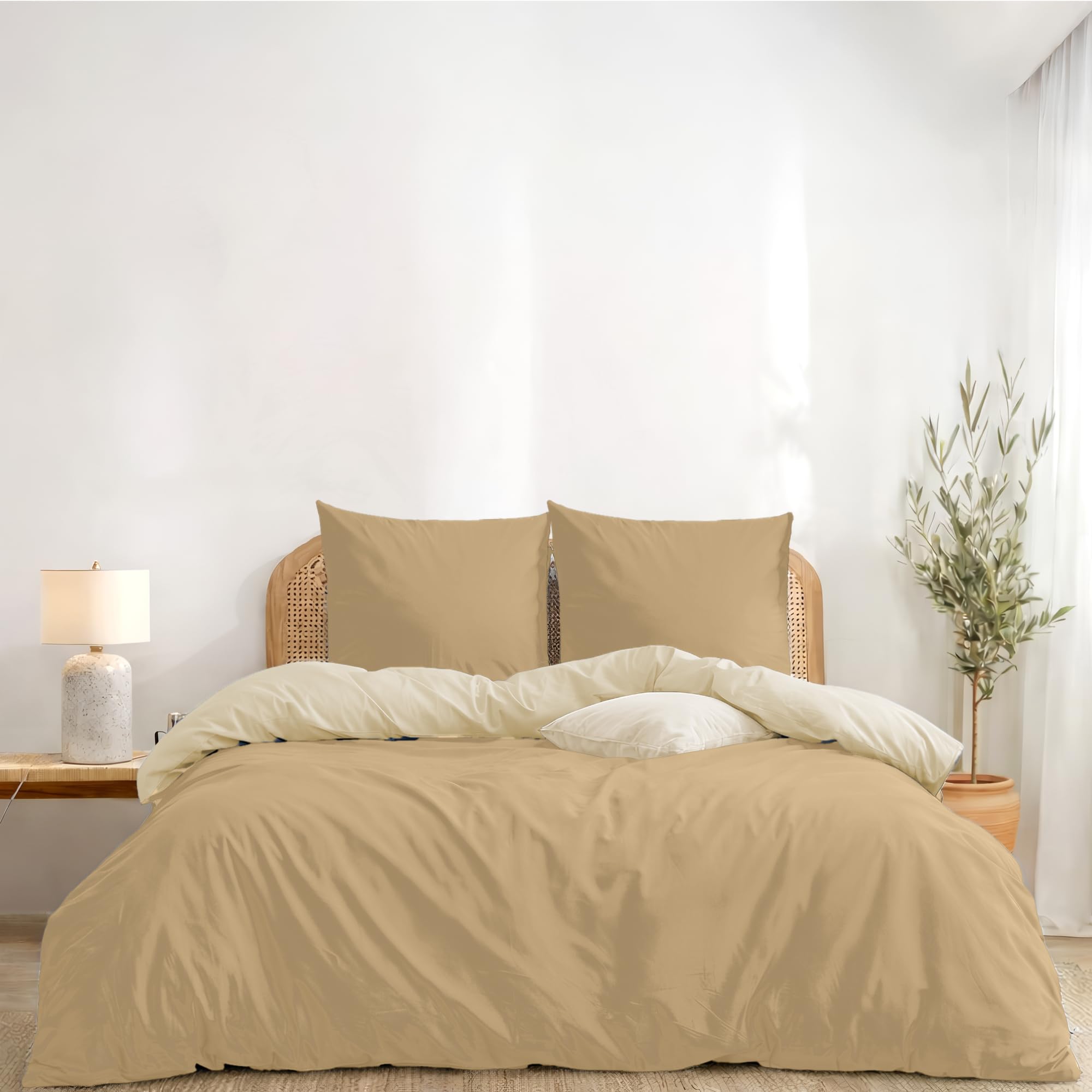 Housse de couette 240 x 260 cm Twinzen beige et sable avec 2 taies d'oreiller en microfibre