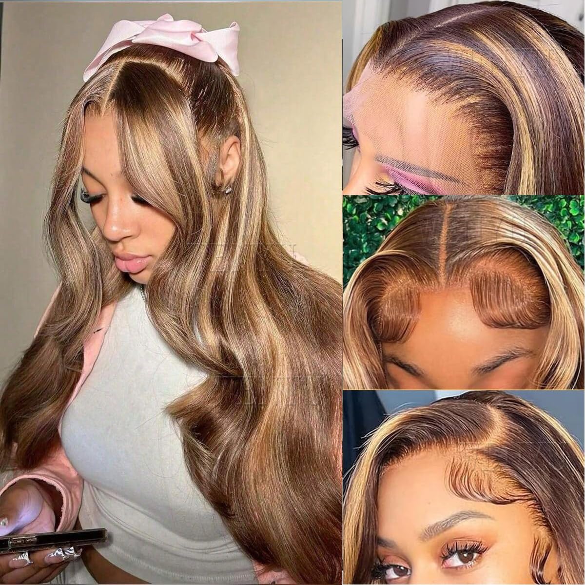 wenyu Honey Blonde Ombre Lace Front Wigs Human Hair Highlight 4/27 Human Hair Wig Colored Body Wave 13x4 Lace Frontal Wigs for Women Pre Plucked (Body Wave, 22 Inch)
