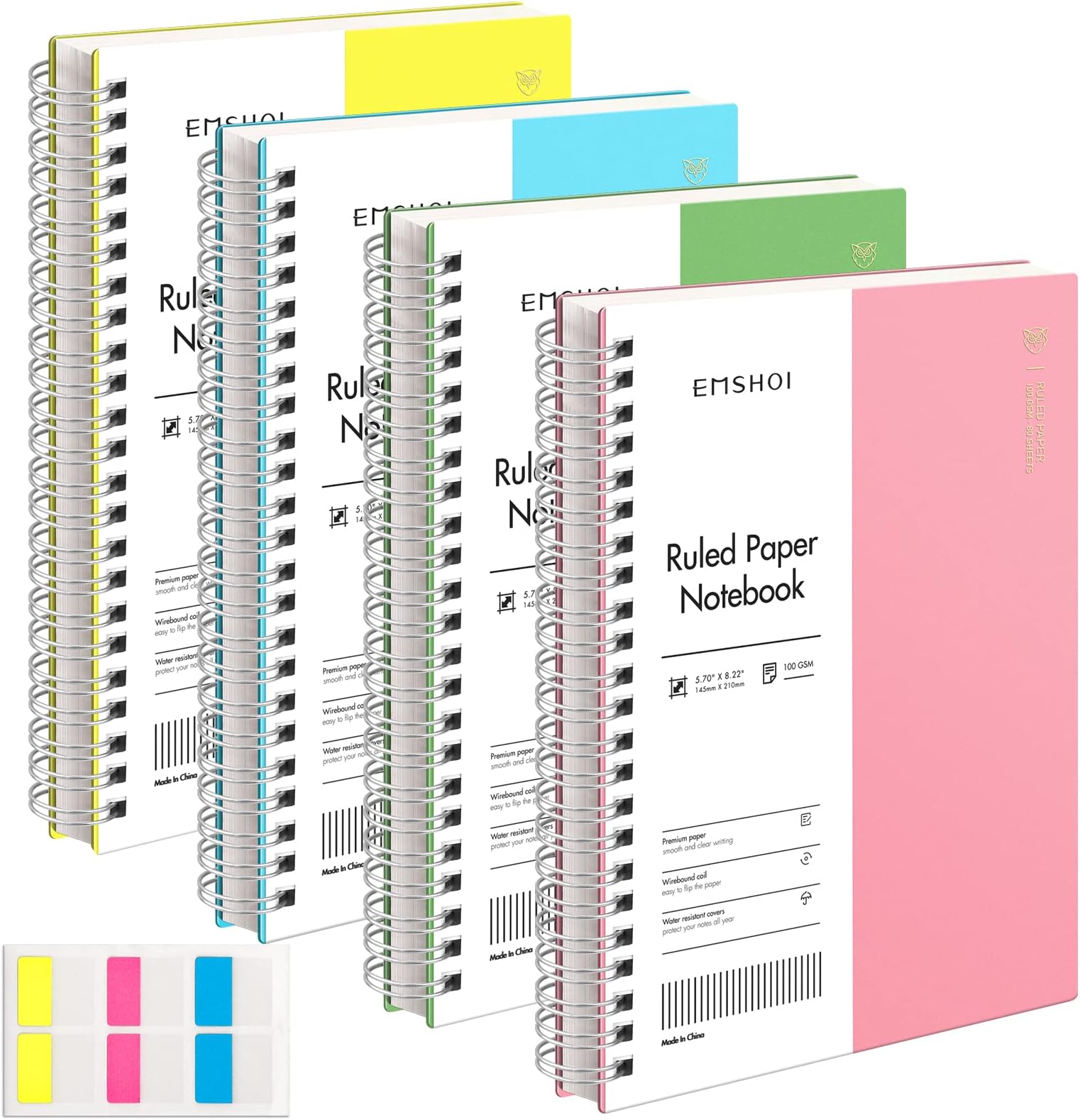 College Ruled Spiral Notebook, 4 Pack 5.7" x 8.22" A5 Small Notebooks for Work, 640 Pages 100gsm Thick Lined Journals for Writing, Sticky Notes, Plastic Hardcover, Yellow, Blue, Green, Pink