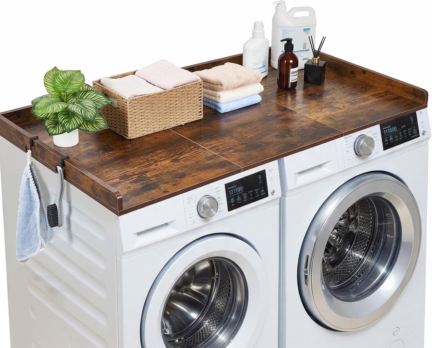 VEVOR Washer Dryer Countertop with 3 Splicing Panels, 54" x 27" Wooden Washer and Dryer Countertop with 2 Hooks, Water-Resistant Laundry Topper for Laundry Room Organization and Storage, Brown