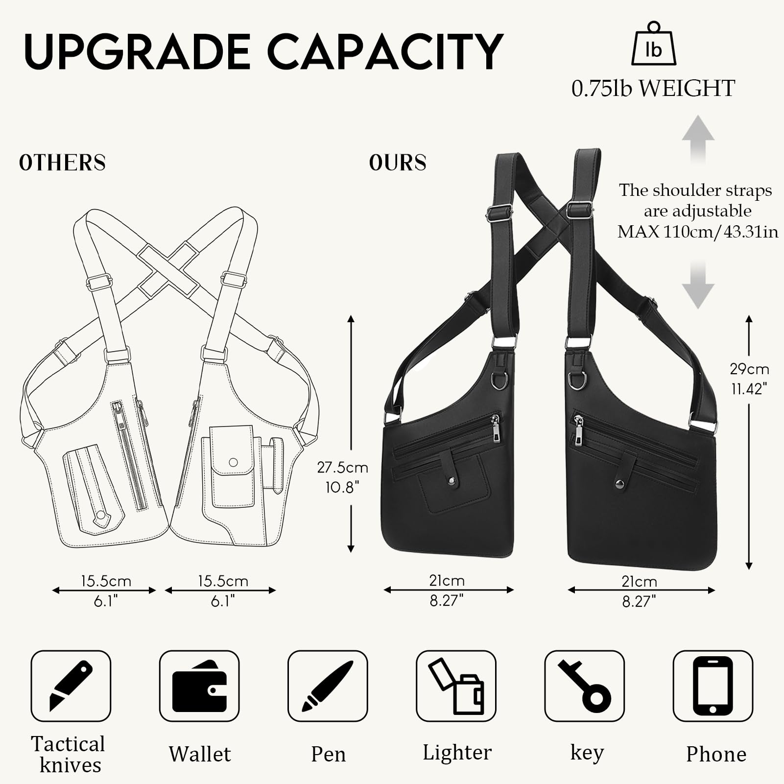 Sling Bag Hommes Femmes Holster Sac Hommes Anti Vol Sac Vélo Sac Bandoulière pour Voyages Randonnée et Outdoor