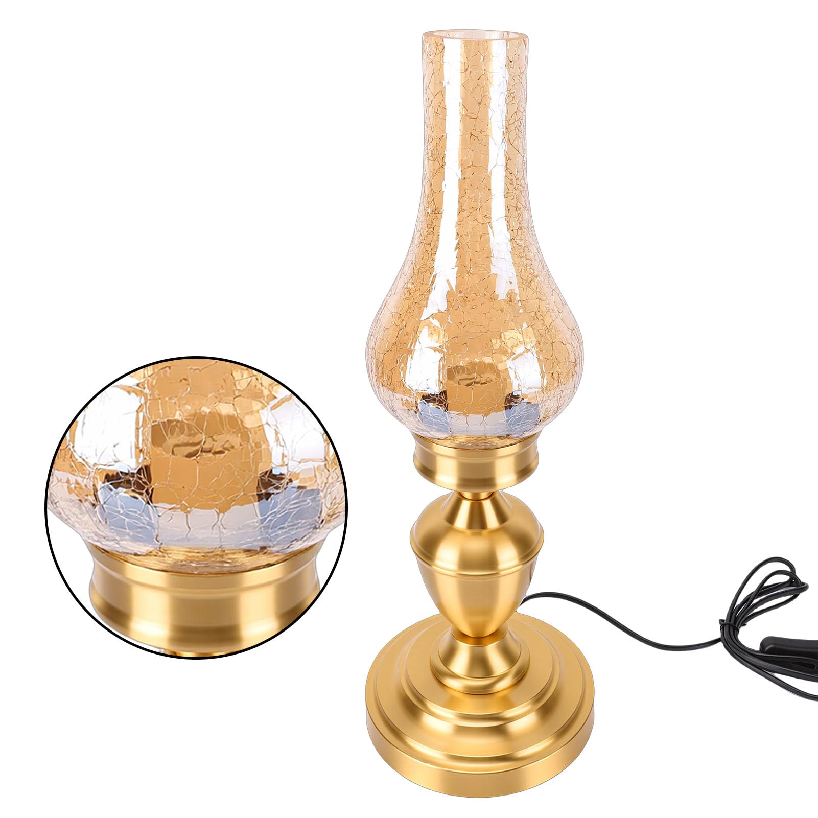 Hyuduo Stołowa W Stylu Vintage, Podłączana Rustykalna Lampka Nocna W Wiejskim Stylu Retro z Popękanym Szklanym Kloszem, Podstawa E27 Miedziany Słupek W Antycznym do Sypialni (wtyczka UE 220V)
