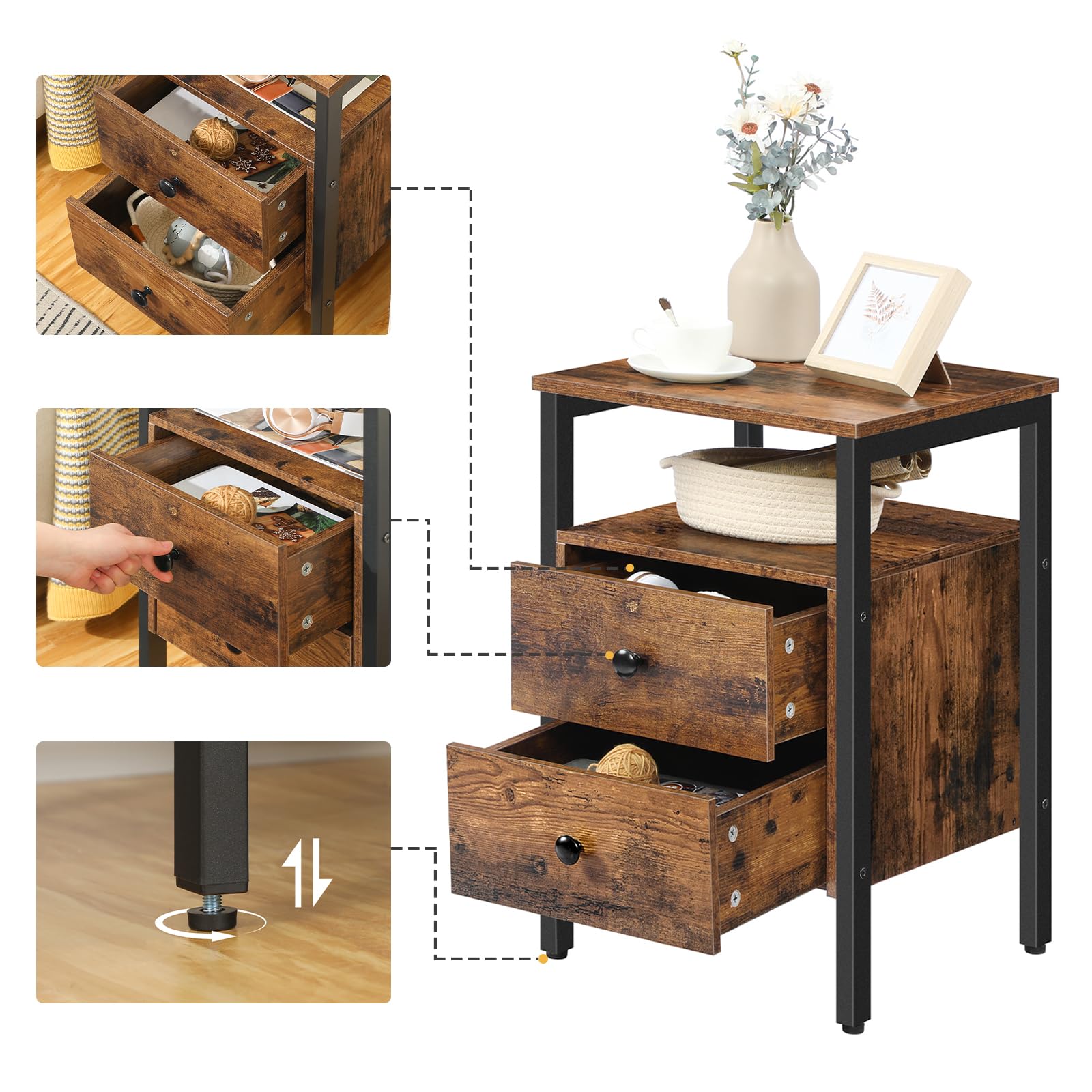 HOOBRO Comodino, Tavolino, con 2 Cassetti e 2 Ripiani Portaoggetti, Stile Industriale Vintage, Tavolino Accanto a Divano, Montaggio Facile, per Soggiorno e Camera da Letto, Marrone Vintage EBF43BZ01