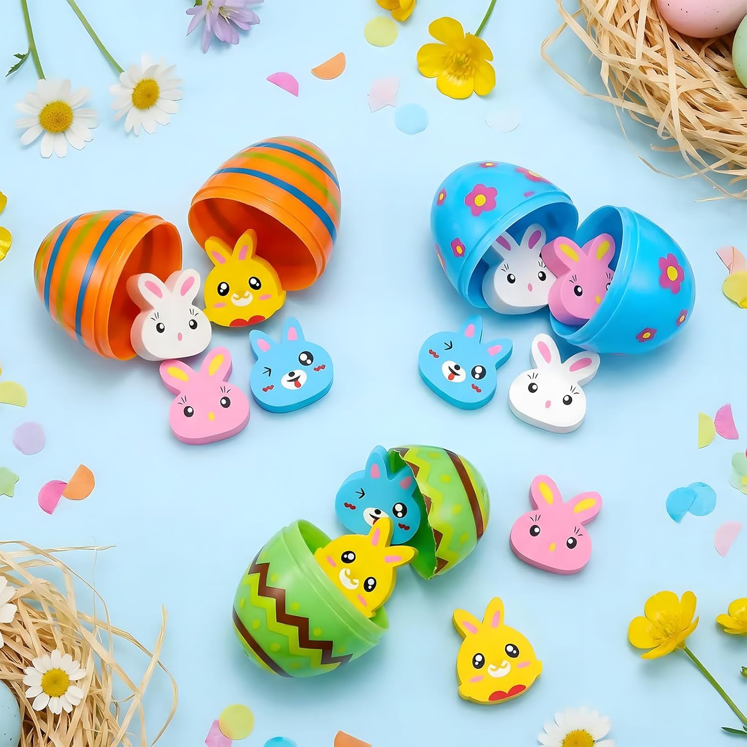 Yquqwn 48 Pcs Easter Egg Filler Set, Includes 24 Plastic Easter Eggs and 96 Bunny Erasers, DIY Perfect for Kids'Easter Basket Stuffers Easter Egg Hunts Easter Party Favors, Classroom Rewards
