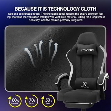 GTPLAYER Fabric Gaming Chair with Footrest, Ergonomic Computer Desk Chair with Pocket Spring Cushion Home Office High Back Support Lumbar Support Heavy Duty Wide,Dark Black