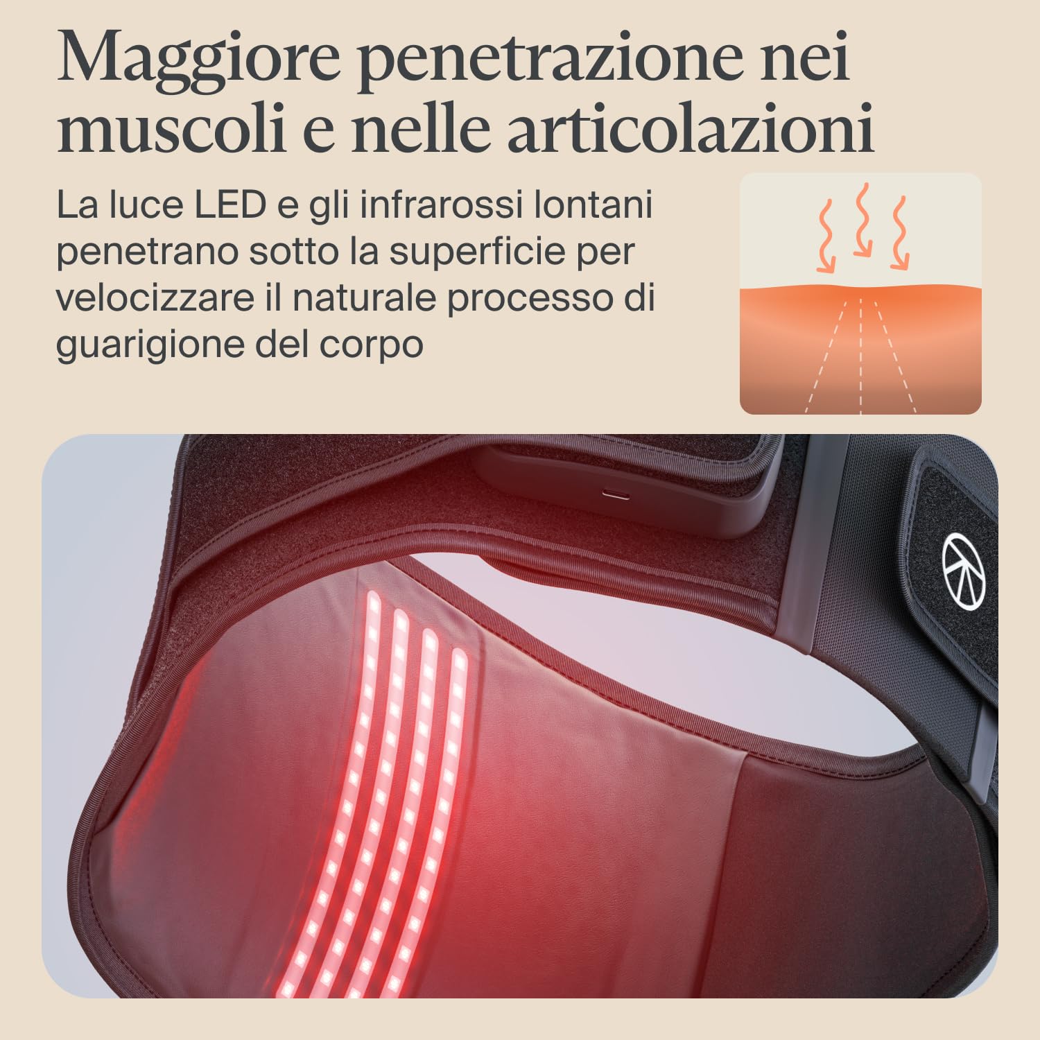 ThermBack LED di Therabody – fascia lombare 4 in 1 con terapie con calore, infrarossi lontani, vibrazione e luce LED per un rapido sollievo dalla tensione nella zona lombare.