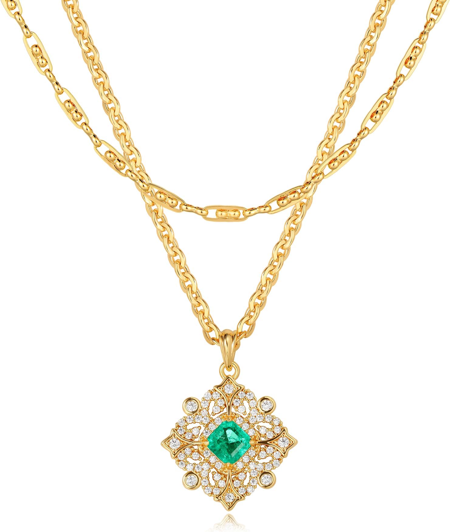 LOYATALayered Gold Necklace for Women,14K Gold Plated Cubic Zirconia Diamond Necklaces for Women Emerald Green Pendant Necklace Choker Dainty Charm Gold Pendant Necklace for Women Jewelry