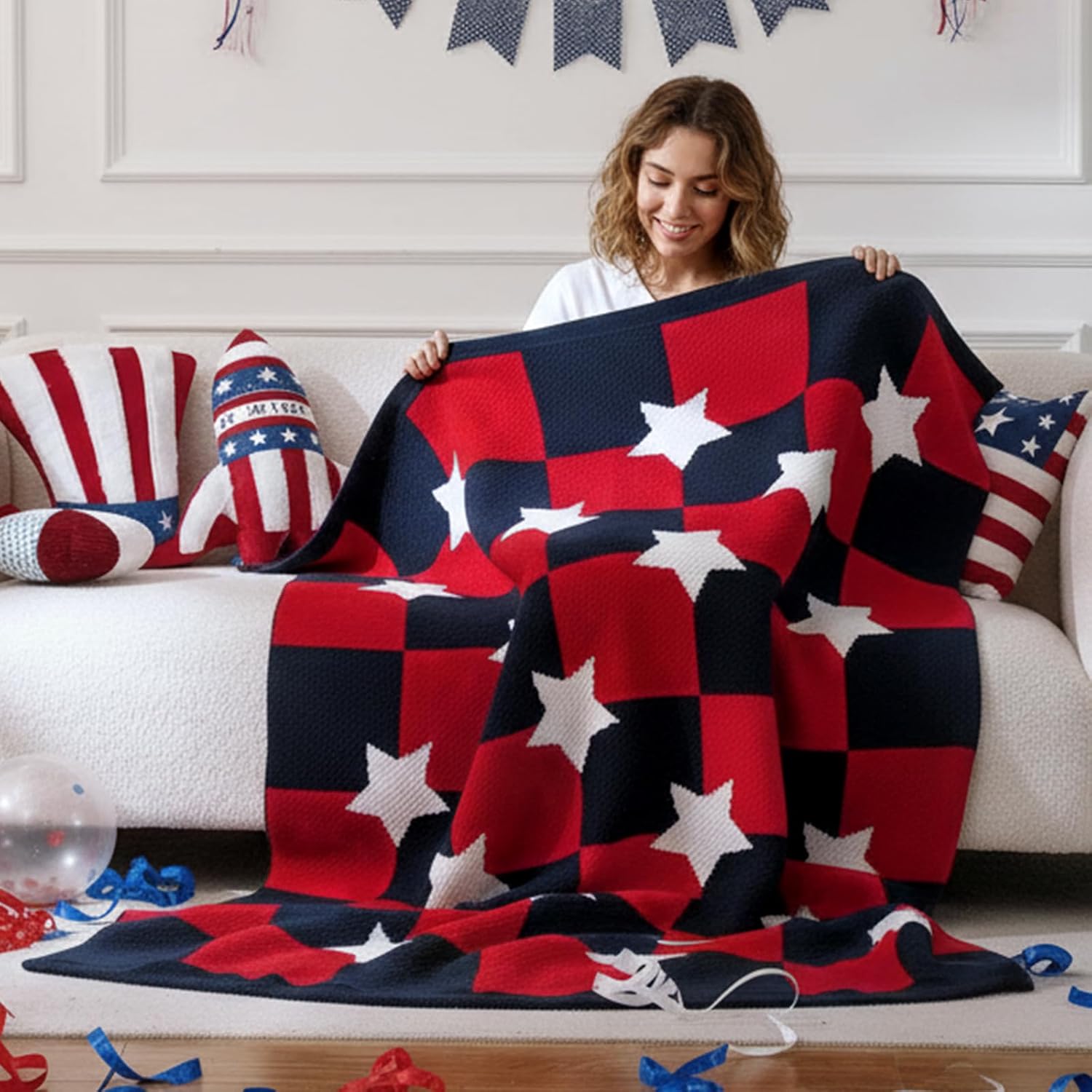 Amélie Home Patriotic Ultra Soft Knit Chenille Throw Blanket - Red White Blue Stars American Flag Pattern Cozy Blankets for Couch, 4th of July Memorial Independence Day Gifts, 50"x60", Red&Blue