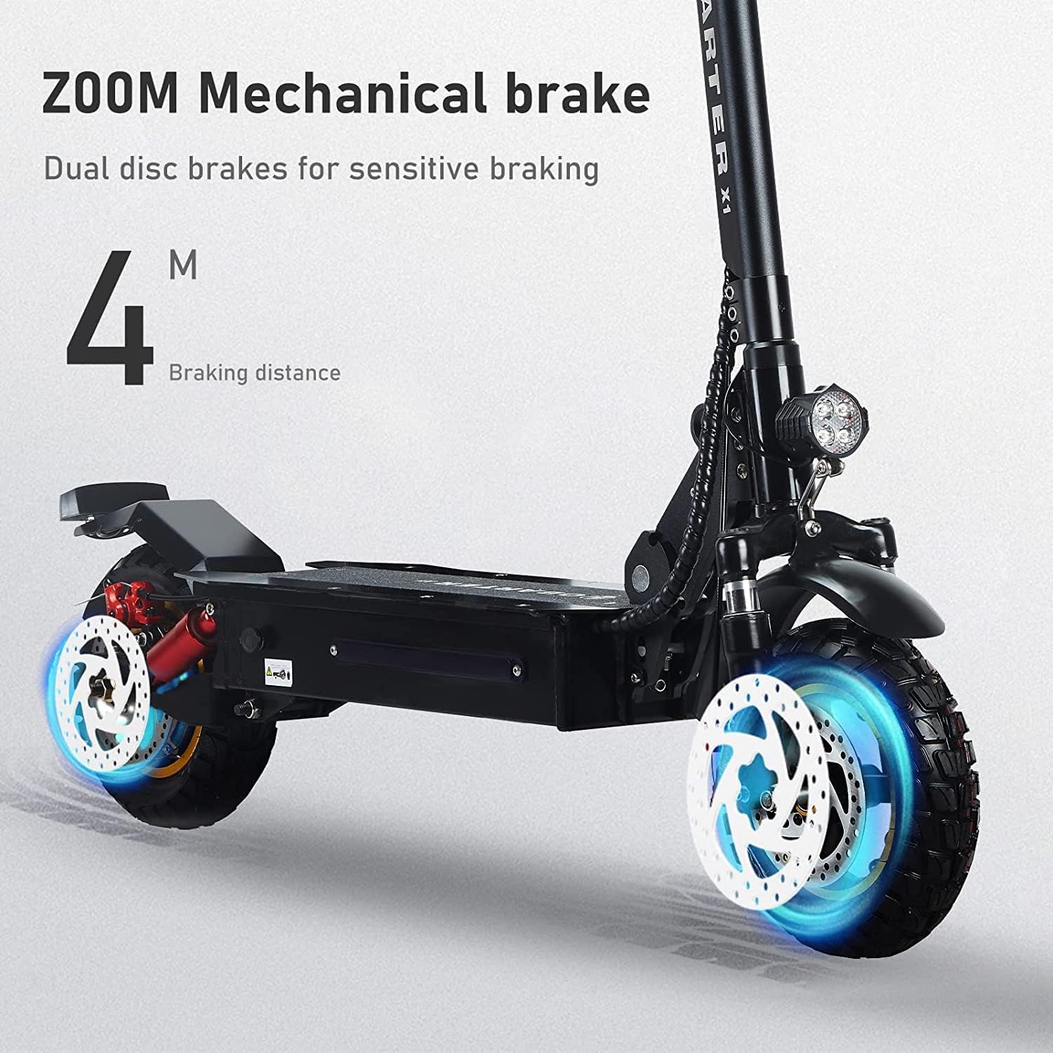 Close-up of OBARTER X1 Electric Scooter's dual disc brakes