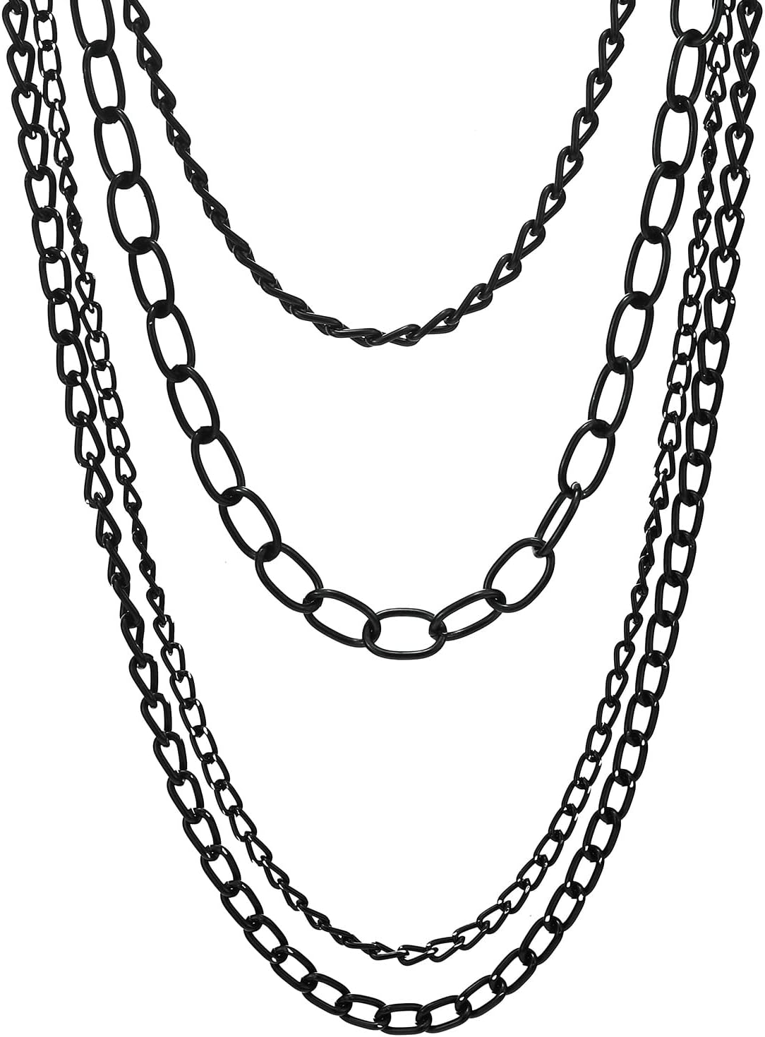 COOLSTEELANDBEYOND Black Statement Necklace Waterfall Multi-Strand Curb Link Rolo Chains, Punk Rock Cool