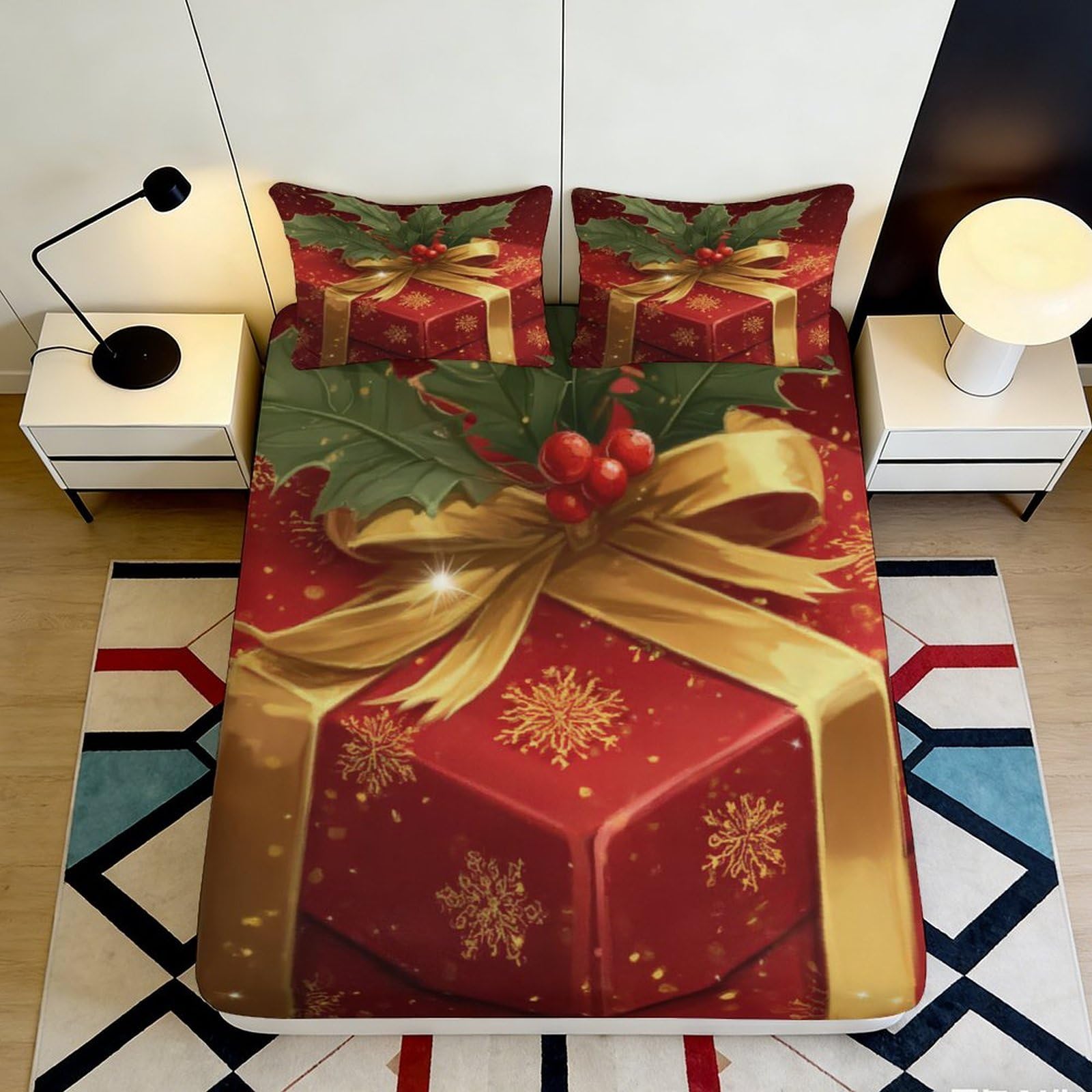 3D Printed Fitted Sheet Microfiber Red Gold Holly Berry Bed Cover for Bedroom Guest Room Decor 90x200x25cm