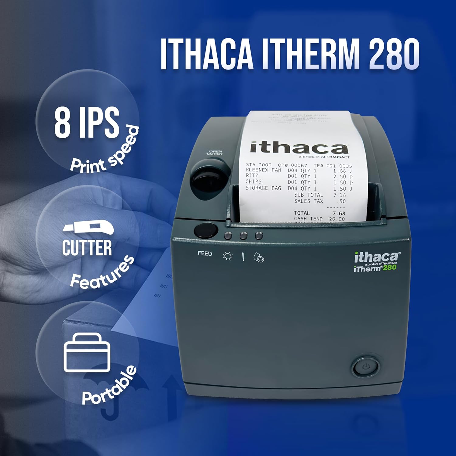 ITHACA, 280, PRINTER, DIRECT THERMAL, USB, AUTO-CUTTER, DARK GRAY, INCLUDES POWER SUPPLY & CORD, CABLE PURCHASED SEPARATELY - Model#: 280-USB-DG
