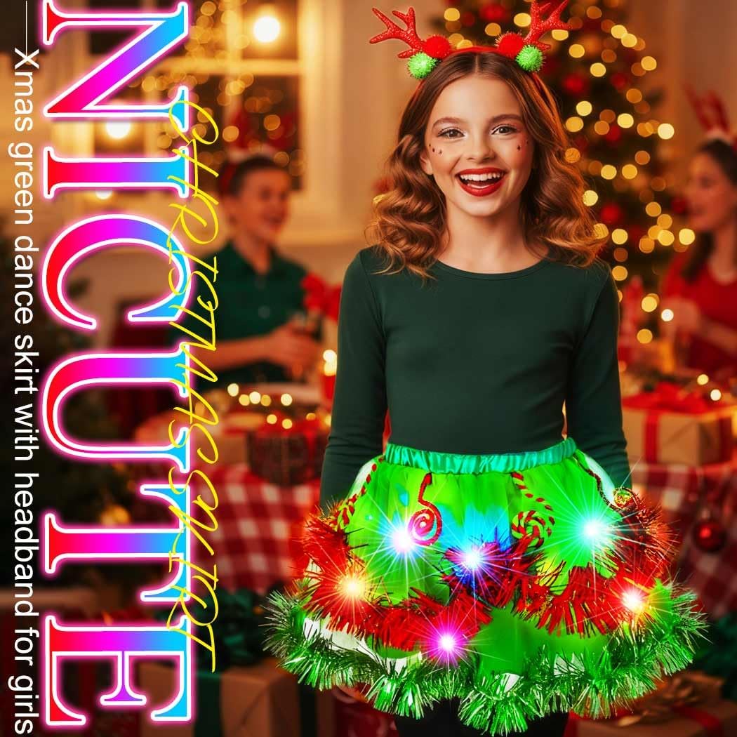 Nicute Light Up Girls Christmas Tutu with Antler Headband Green Layered Glow Tutu Skirt Holiday Tutus Costume for Kids