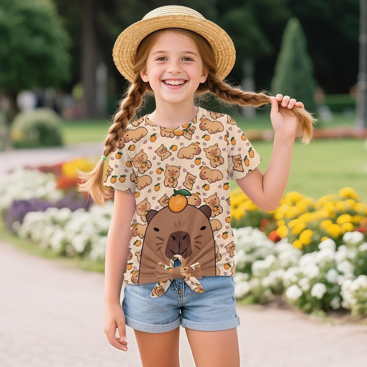Girls Soft Short Sleeve Tie Knot Front Tops Summer Crewneck T-Shirts for Casual Vacation Activities Sport