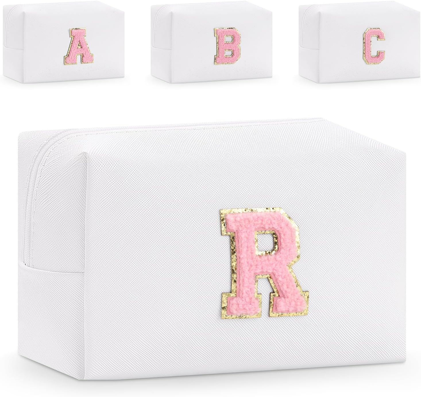 Etercycle Small Personalized Initial Letter Makeup Bag for Women, Cute Waterproof PU Leather Cosmetic Bag Travel Makeup Bag, Makeup Pouch Toiletry Pouch Organizer with Zipper (R, White)