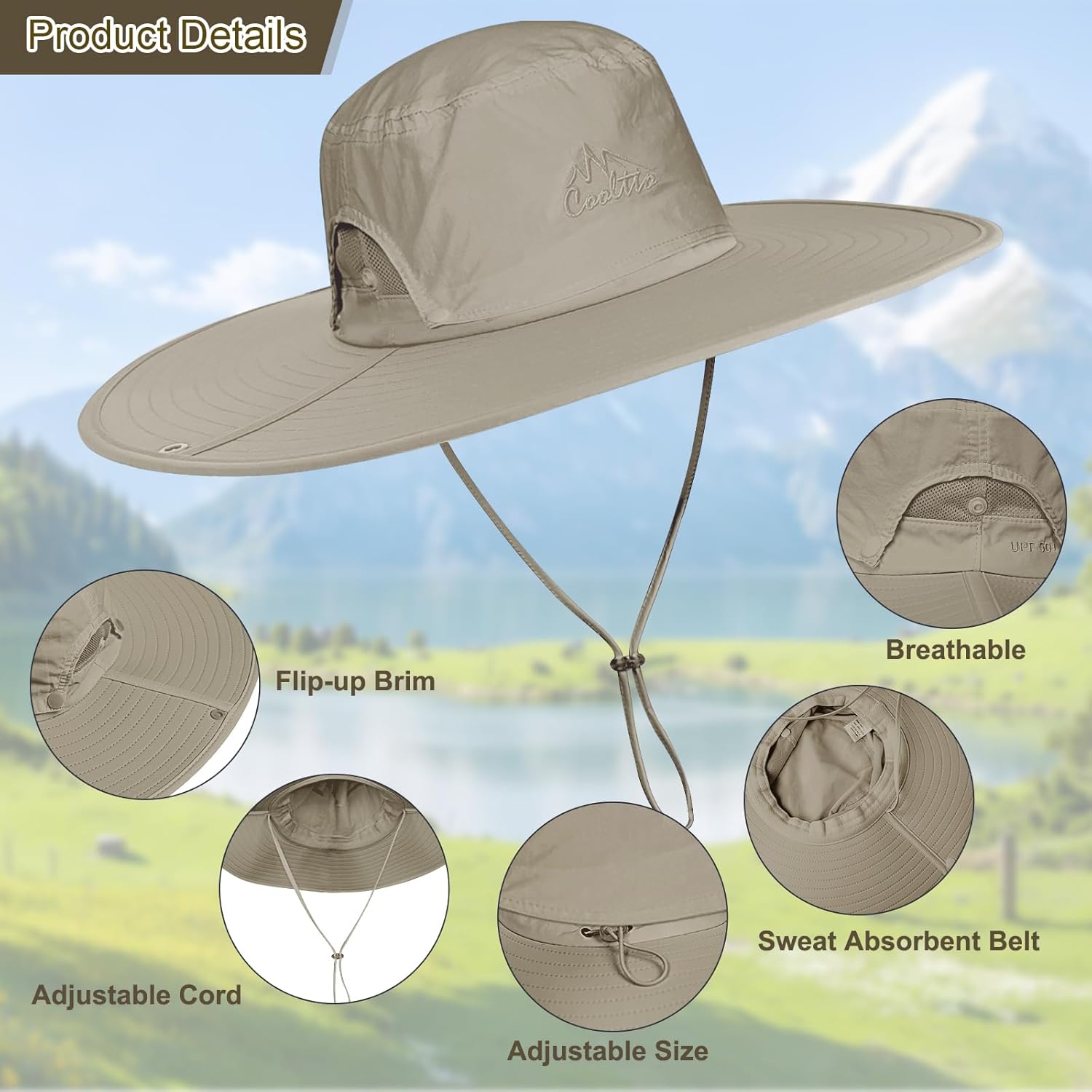 Cooltto L/XL/XXL Wide Brim Sun Hat UPF 50+, Waterproof & Breathable for Men, Women - for Fishing, Hiking, Camping & Traveling - Image 8