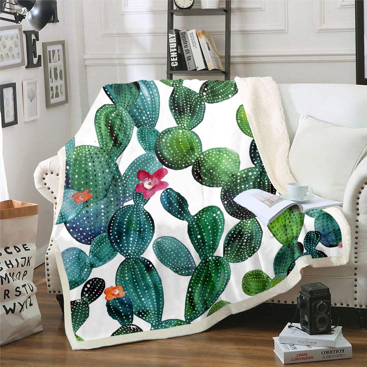 Loussiesd Floral Cactus Sherpa Blanket Botanical Fleece Throw Blanket Green Plants Plush Blanket for Bed Sofa Microfiber Nature Fuzzy Blanket Room Decor Baby 30"x40"