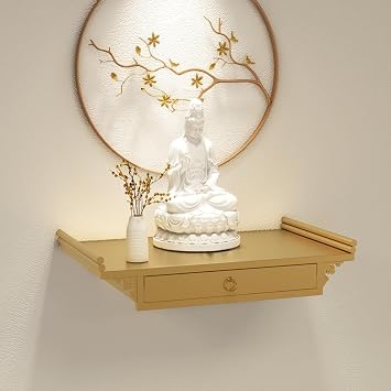 Wall-Mounted Buddha Statue Stand Offering Table Metal Personal Shrine Altar Table Buddhist Statue Sculpture Display Stand Prayer Table with Retractable Shelf.Gold,60X38CM/23.6X15IN