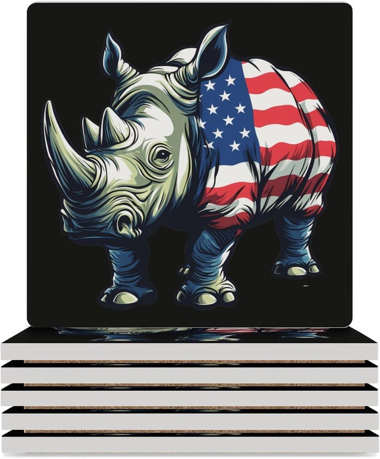 Rhinoceros 4th of July Rhino Ceramic Coasters Set Square Drink Coasters Table Coaster for Kitchen Desktop Decor