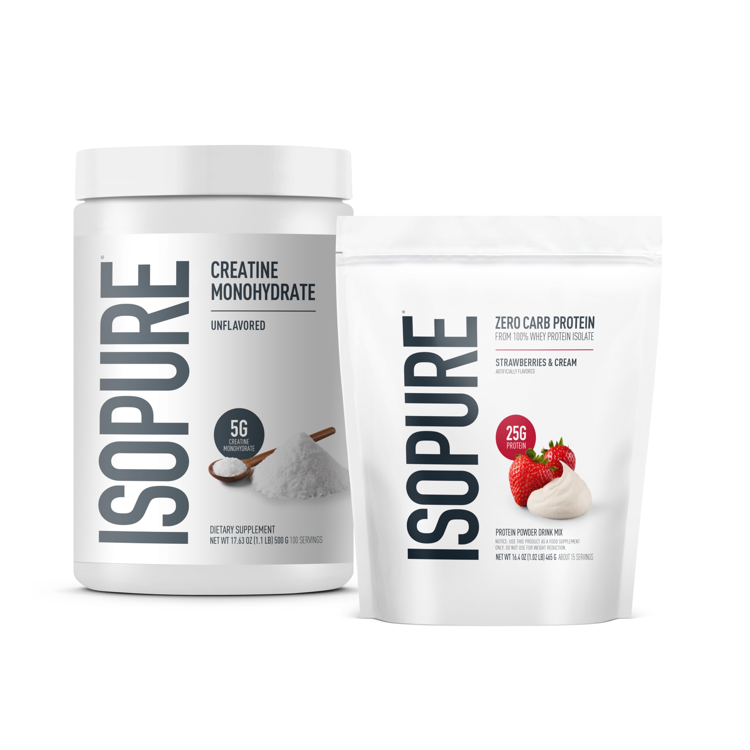 Isopure Zero Carb Whey Protein Isolate Strawberries & Cream (1 Lb, 15 Servings) + Creatine Monohydrate (1.1 Lb, 100 Servings) | High Protein, Zero Carb, USA Import - main product image