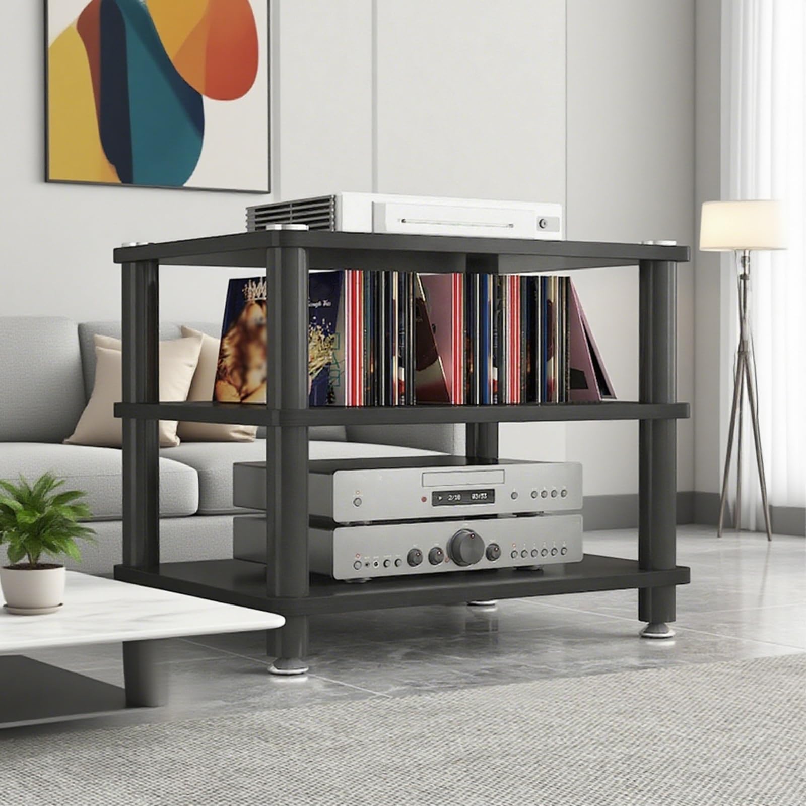 Support multimédia AV à 4 niveaux et rack réseau à cadre ouvert pour matériel audio/vidéo pour équipement informatique et audio/audio/petit centre de divertissement finition rouge 5 cm de hauteur