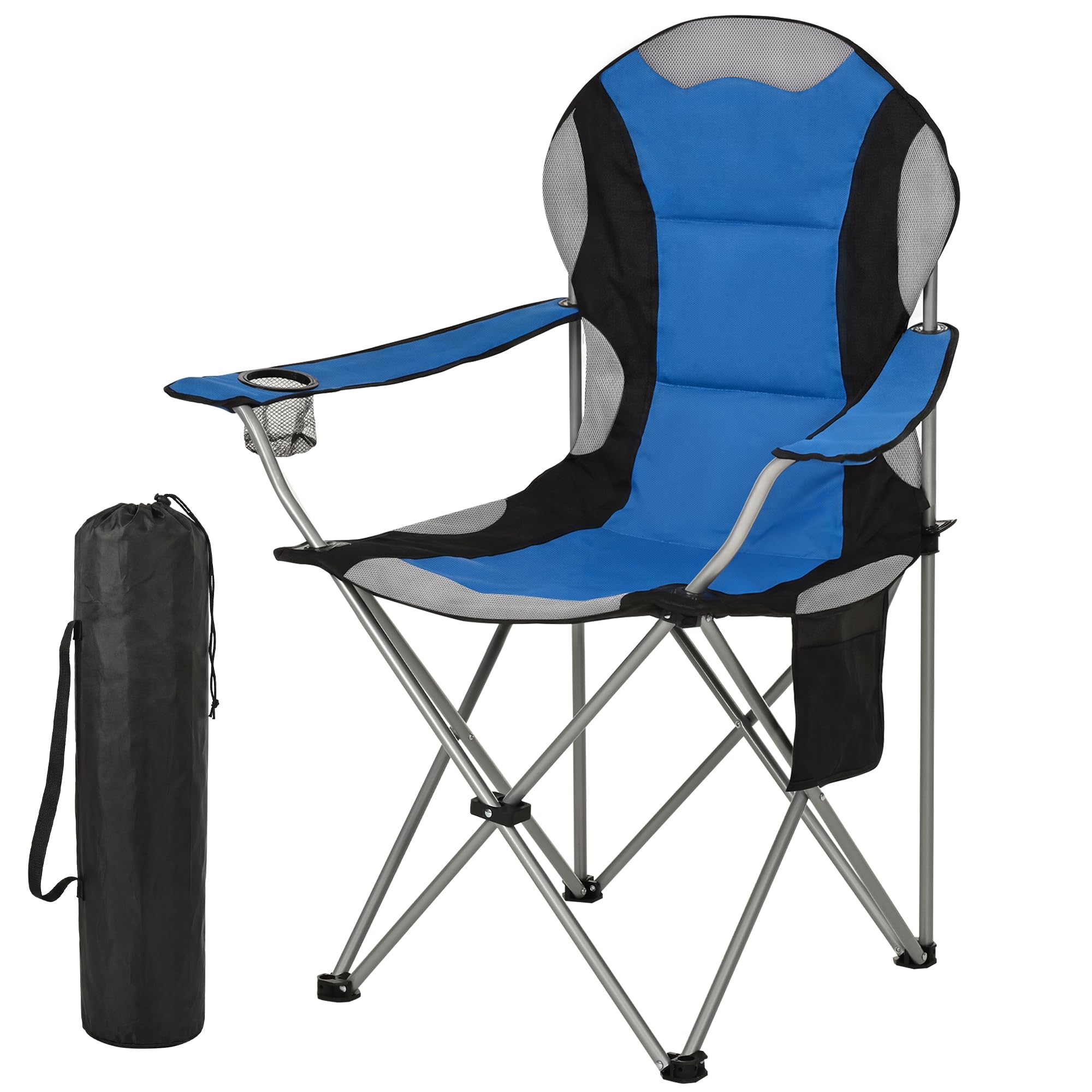 ROPODA Campingstuhl Faltbar, Klappstuhl Camping 150kg mit Hoher Rückenlehne, Armlehnen, Getränkehalter & Seitentasche, Gepolsterter Camping Stuhl für Outdoor, Garten, Angeln, Strand, Blau